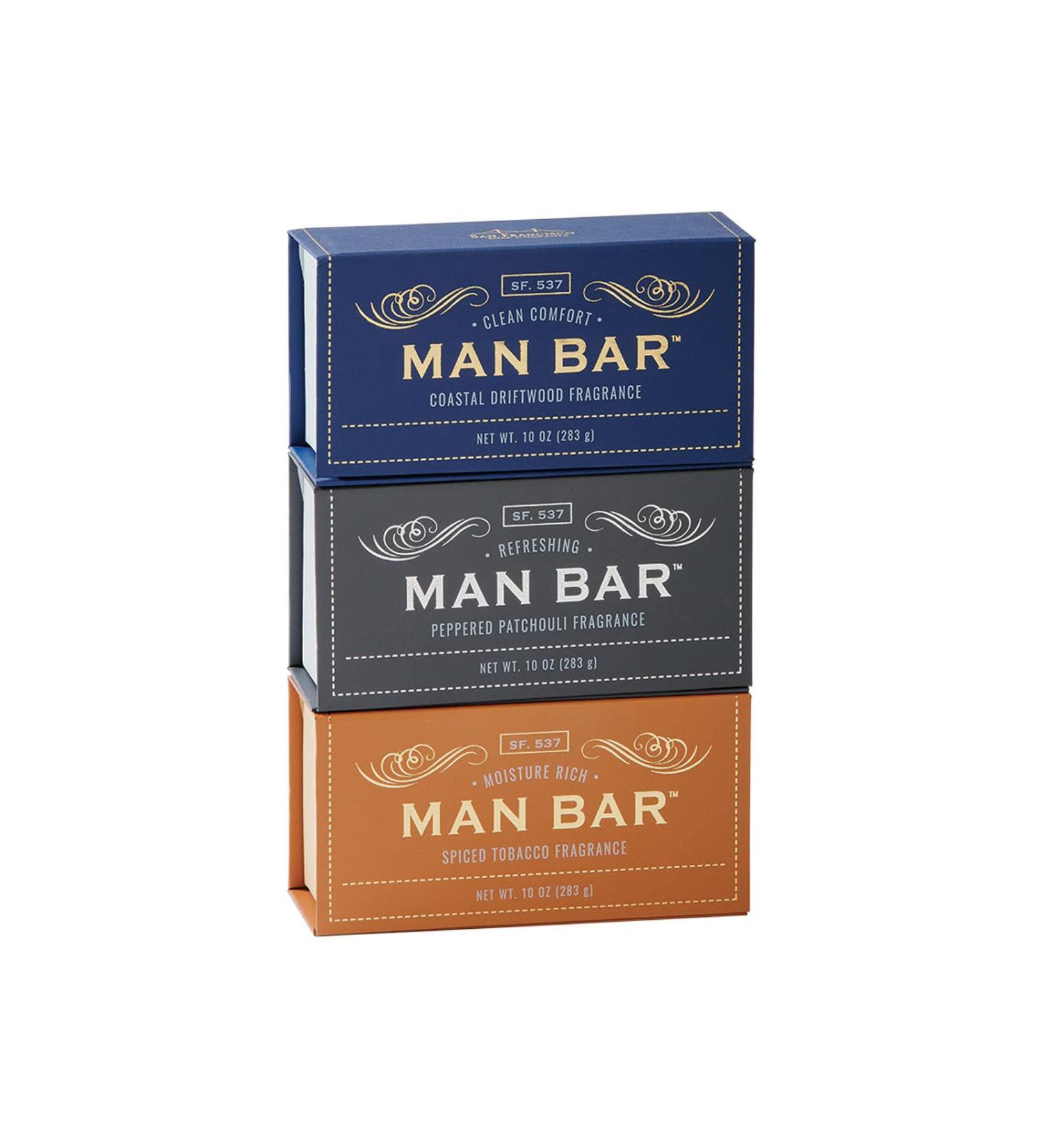 San Francisco Soap Company Man Bar 3-Piece Gift Set featuring all new scents: Coastal Driftwood, Peppered Patchouli, and Spiced Tobacco Gift Set 3