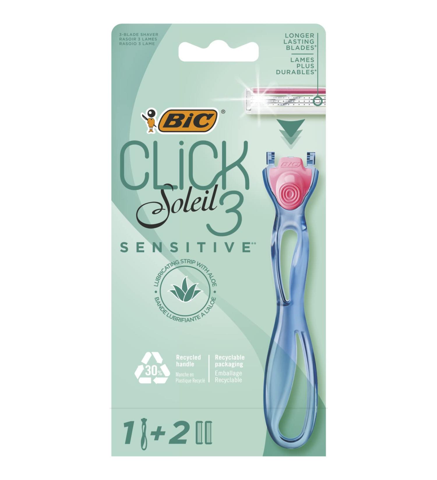 Bic Click 3 Soleil Sensitive Women's Razor - 30% Recycled Handle - 3-Blade Refills - Box of 1+2 Bundle - Buy Online on SooperMarket.com