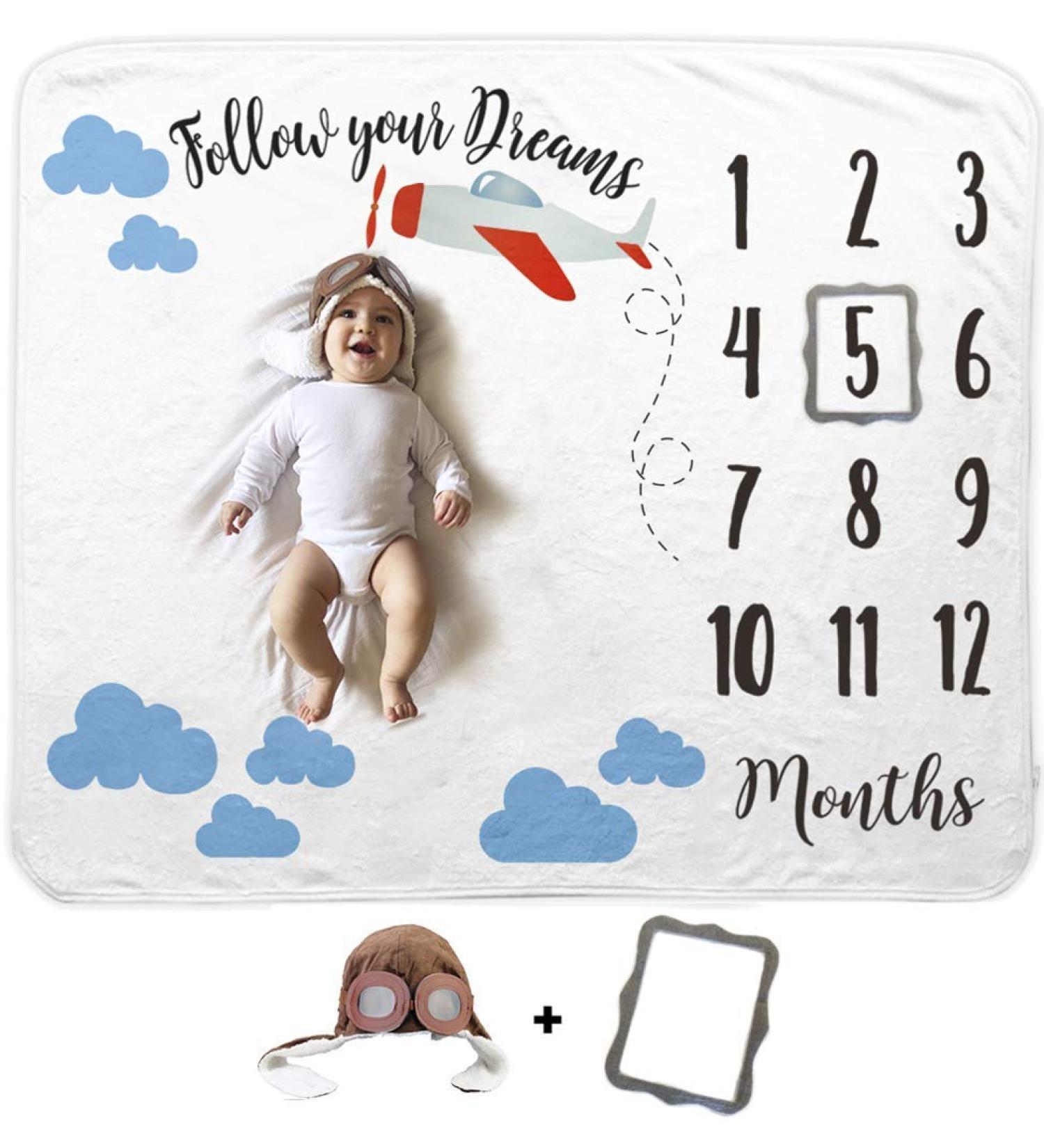Baby Monthly Milestone Blanket with Felt Frame & Aviator Hat | 1-12 Months | Premium Soft Fleece | Photography Prop for Newborn Boy & Girl (Airplane) - Buy Online on SooperMarket.com