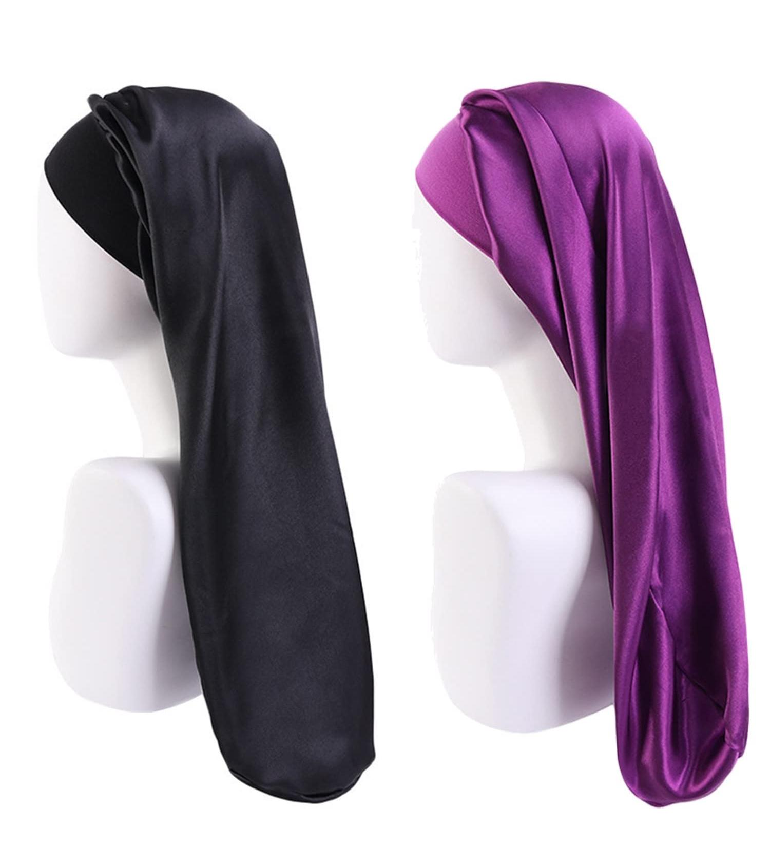 Shop Ladaypoa Long Satin Sleeping Cap - 2 Large Women's Sleep Hats for Long Braids | Extra Large Soft & Convenient Black + Deep Purple - Buy Online on SooperMarket.com