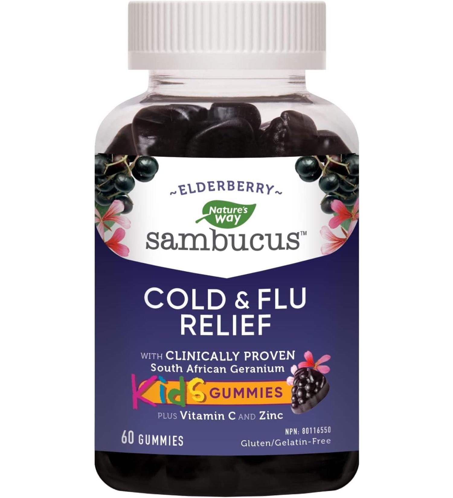 Nature's Way Sambucus Cold and Flu Relief Elderberry Gummies for Kids Used in Herbal Medicine to Help Relieve Symptoms (Cough Runny Nose and Sore Throat) in Children age 3+ 60 Gummies - Buy Online on SooperMarket.com