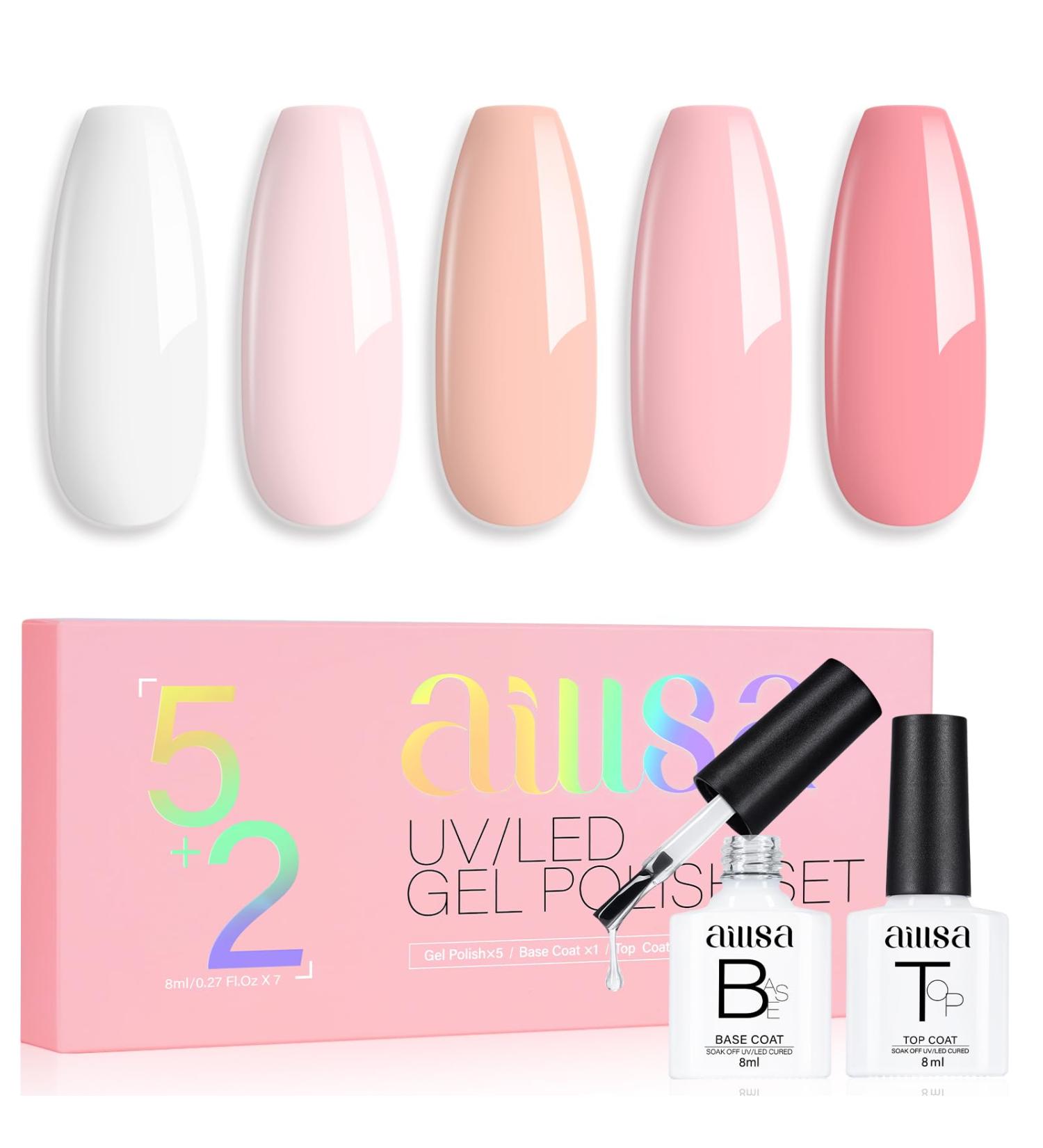 AILLSA Pink Gel Nail Polish Set French Manicure White Pink Nude Gel Polish with Base and Top Coat Light Baby Pink Colors Nail Polish Gel Neutral Soak Off U V Gel Starter Kit Gifts Nail Art Salon DIY A4-white Pink - Buy Online on SooperMarket.com