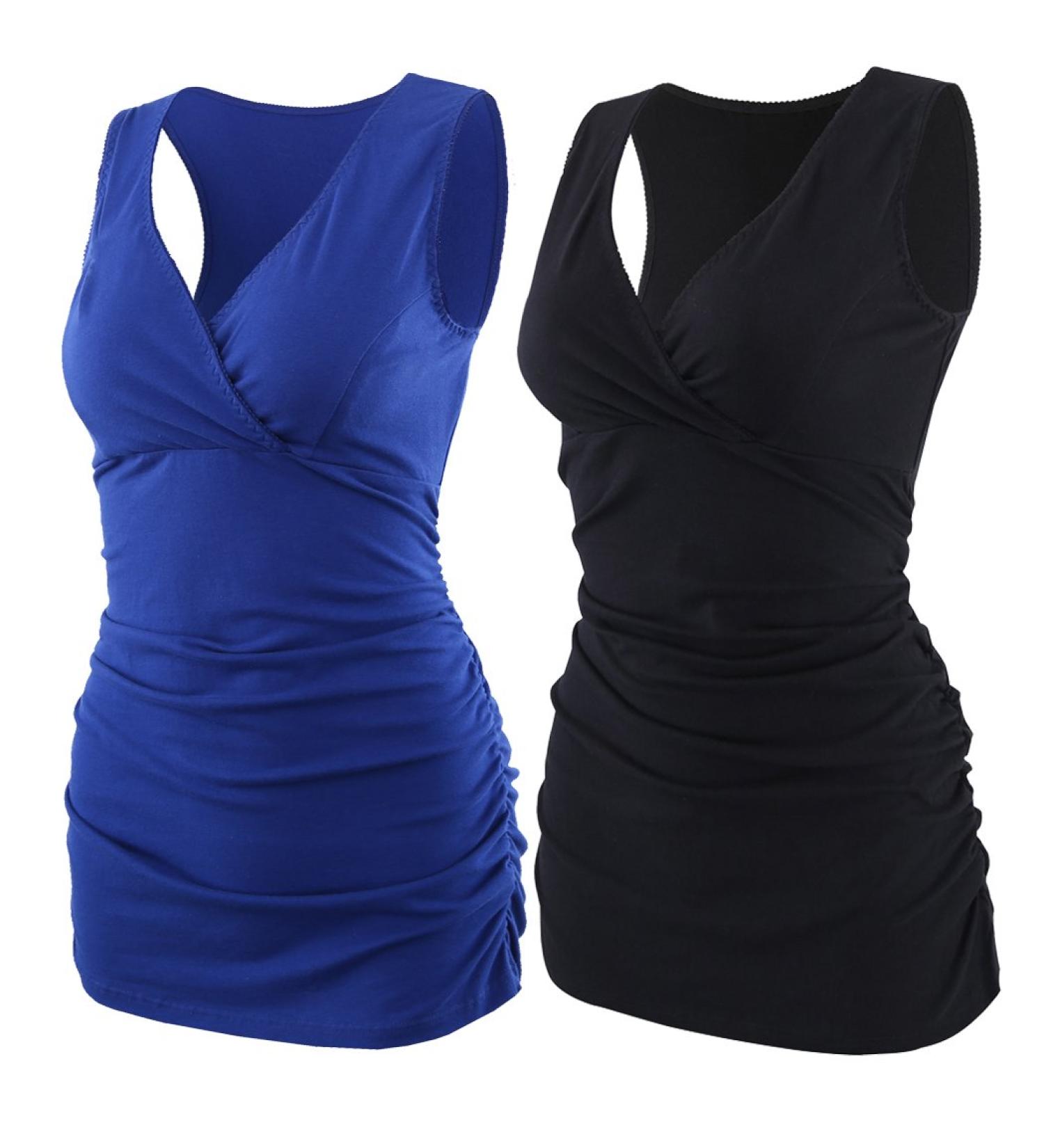 ZUMIY Maternity Nursing Top | Cotton V Neck Ruched Waist | Double Layered Tank | M Black+Blue/2-Pack - Buy Online on SooperMarket.com
