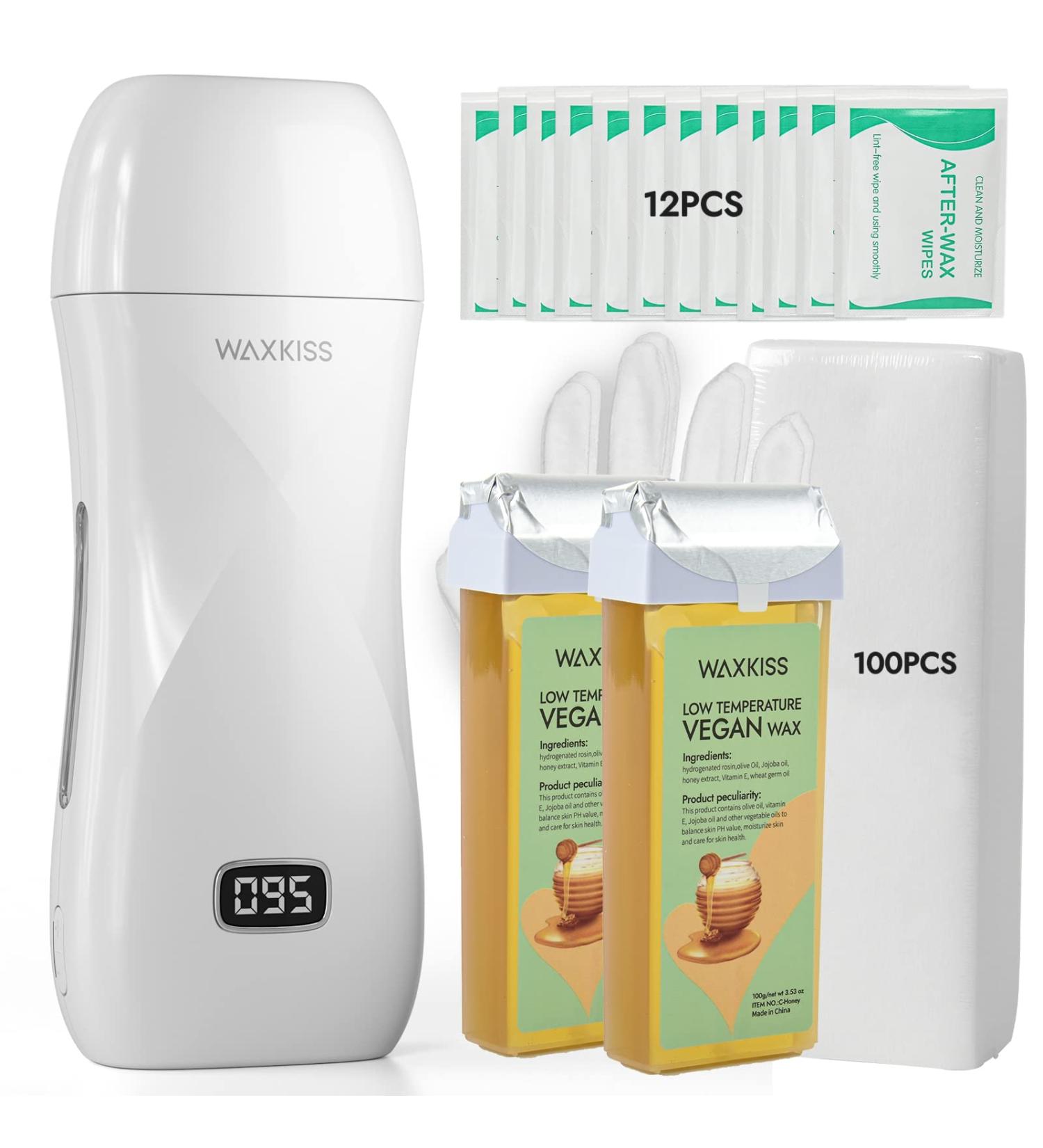 Waxkiss Roll On Wax Kit - Professional Hair Removal Waxing Kit with 2 Soft Cartridges, 12 Wax-removing Wipes, and 100 Wax Strips - Sensitive Skin Wax Heater Machine - White - Buy Online on SooperMarket.com