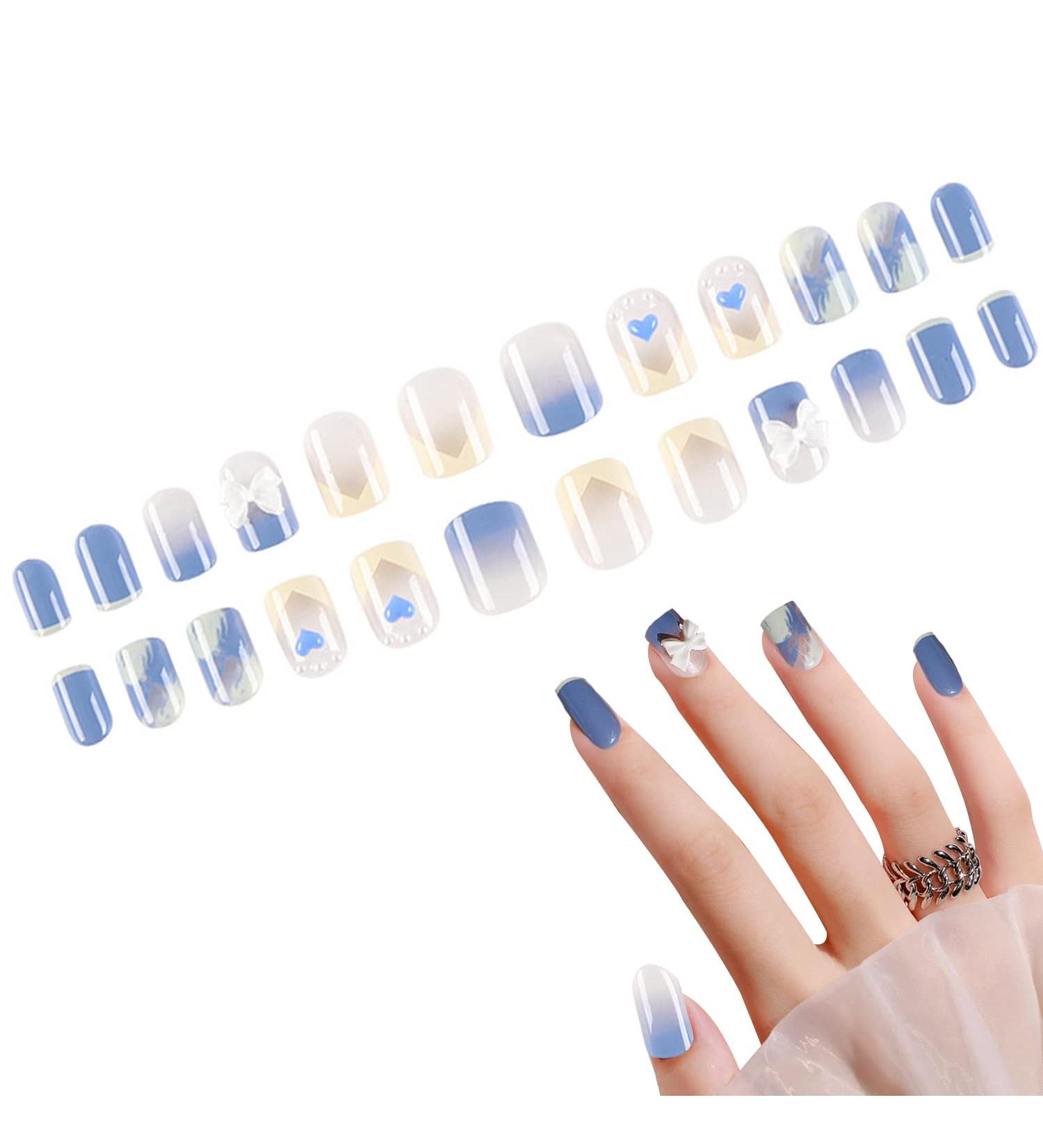 Luvadeyo Pack of 24 Stick-on Nails | French Wave Lines | Long Blue & White Artificial Fingernails | Acrylic Press-On Nail Tips for Women & Girls - Buy Online on SooperMarket.com