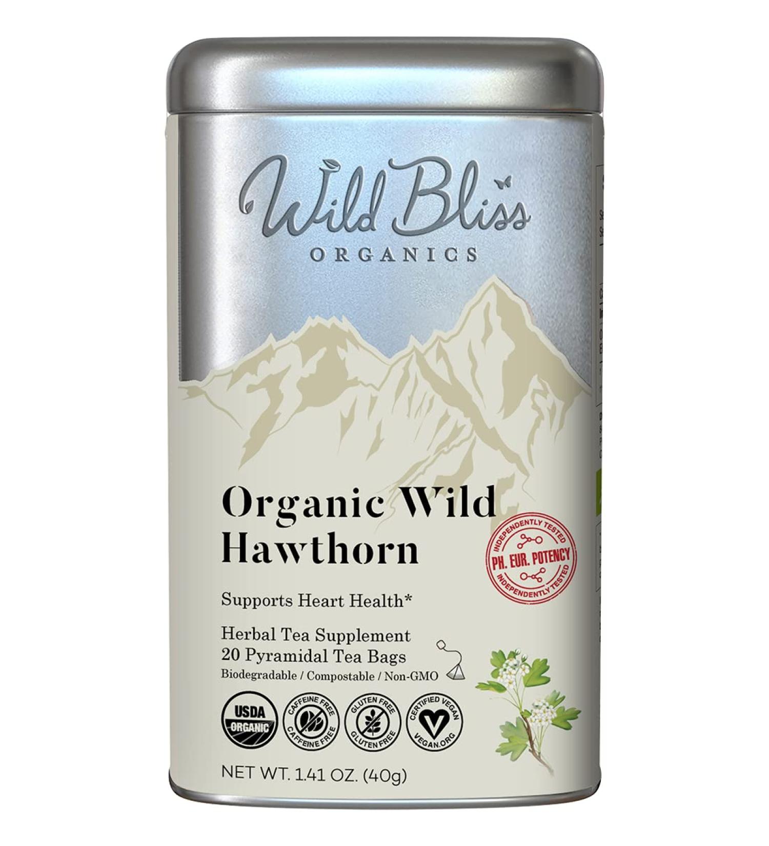 Wild Bliss Organic Hawthorn Leaf and Flower Herbal Tea - Caffeine Free - 20 Tea Bags - Potent Pharmacopoeia Blend (1 Pack) - Buy Online on SooperMarket.com