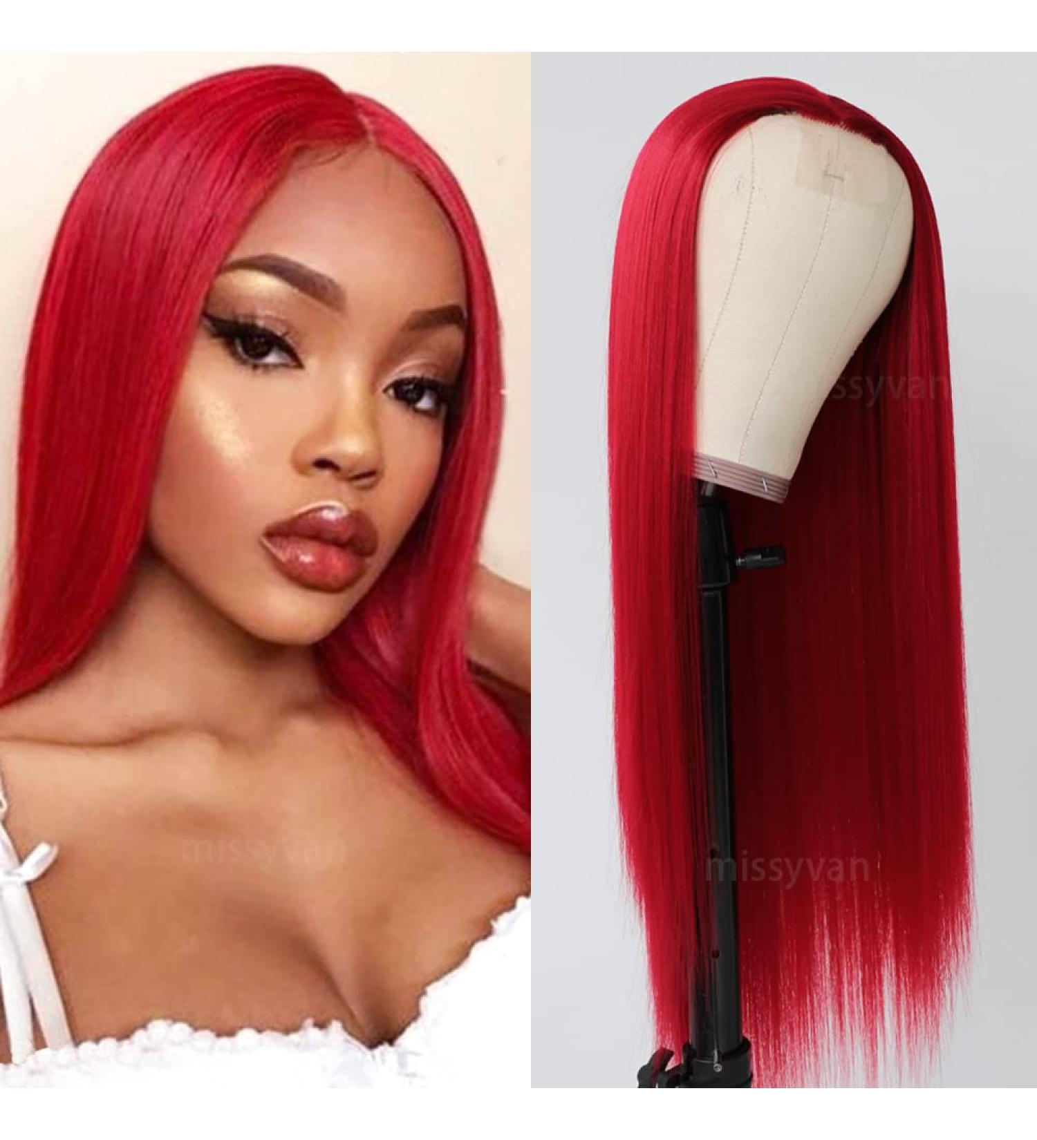 Missyvan Ruby Red Long Straight Synthetic Wig - Natural Look, Heat Resistant Fiber, Middle Parting - Buy Online on SooperMarket.com