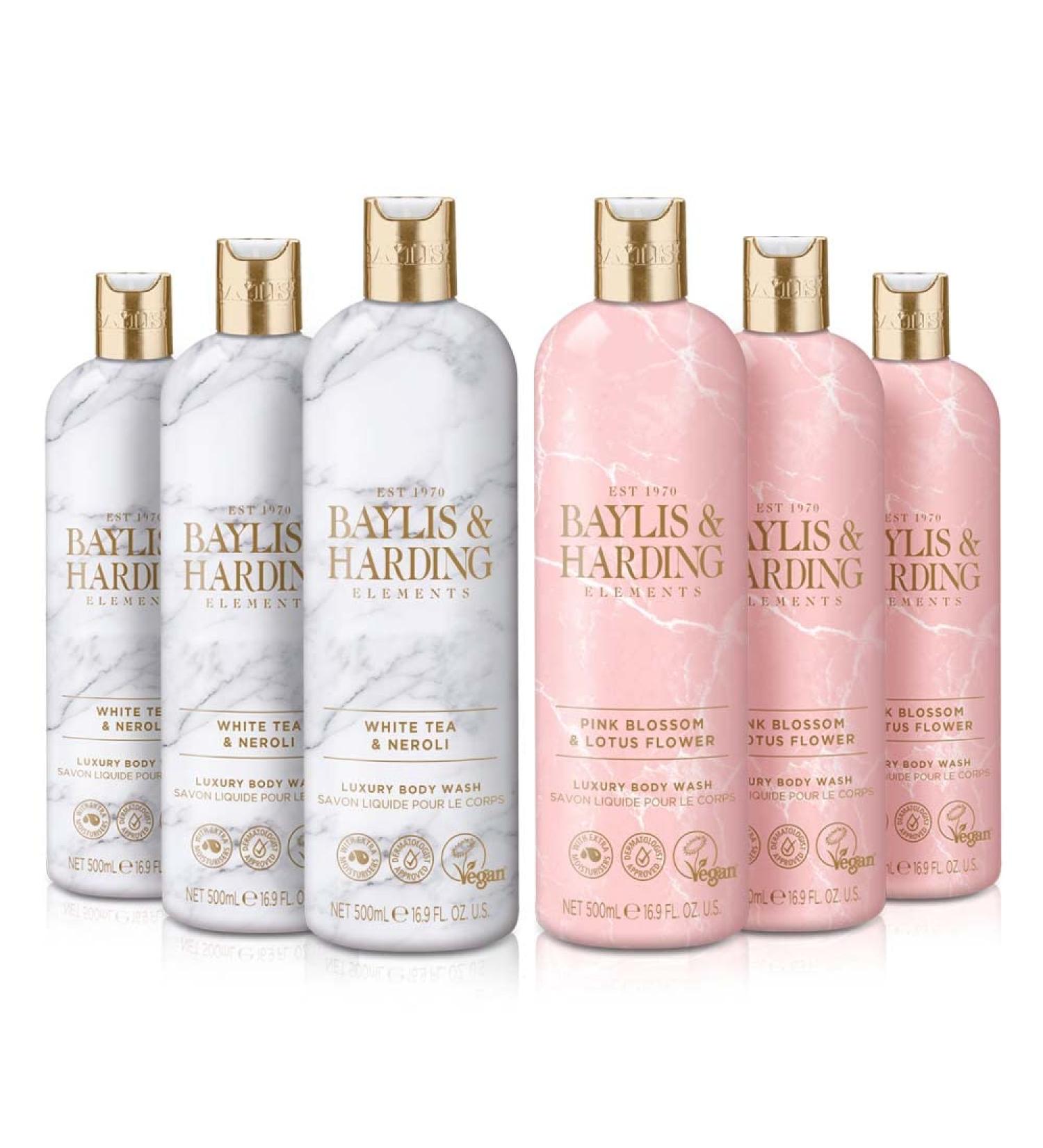 Baylis & Harding Elements Body Wash Bundle - White Tea & Neroli, Pink Blossom & Lotus Flower - 6 x 500ml Bottles - Vegan Friendly - Buy Online on SooperMarket.com