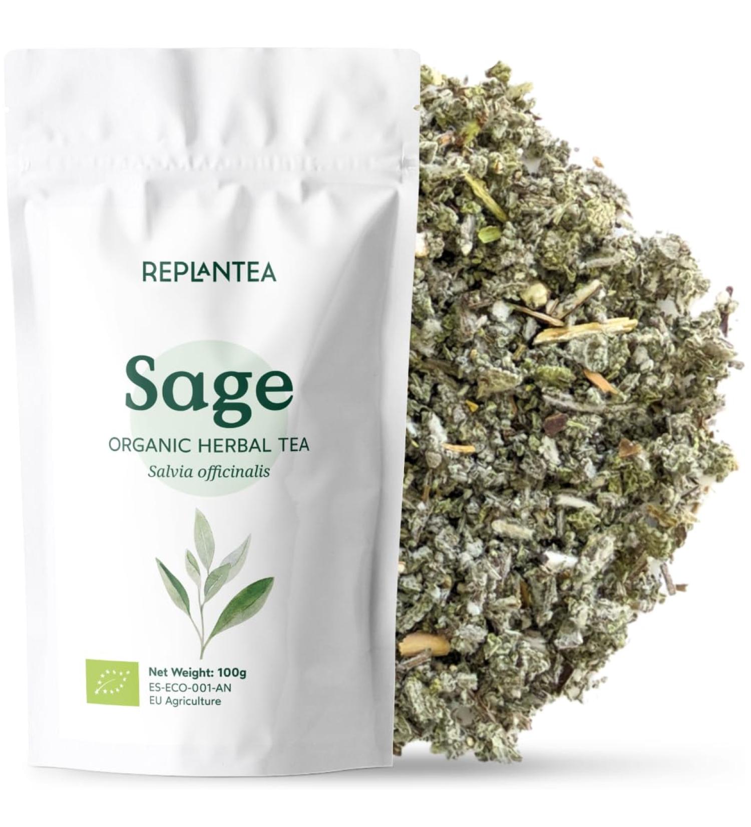 Sage Tea Loose Organic 100g (50 Cups) | Organic Sage Leaves Cleaned Chopped and Dried Ready to Infuse REPLANTEA - Buy Online on SooperMarket.com