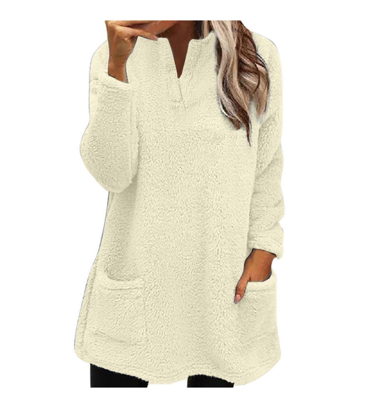 AMhomely Women's Soft Teddy Fleece Hooded Jumper | Plus Size Double Fleece Hoodies | V Neck Plain Pullover Tops | Winter Lounge Tops | Beige S - Buy Online on SooperMarket.com