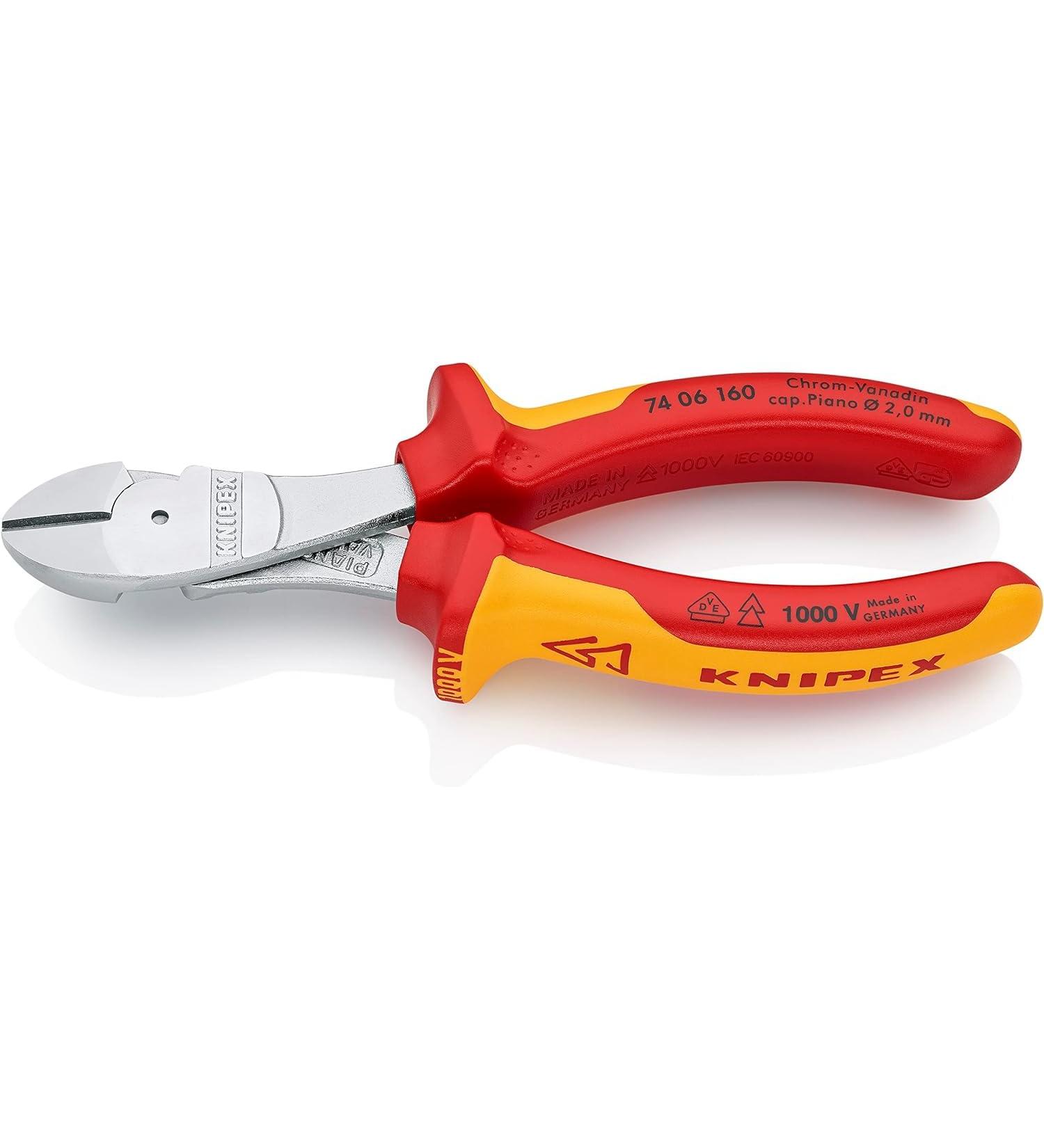 Knipex High Leverage Diagonal Cutter chrome-plated insulated with multi-component grips VDE-tested 160 mm (self-service card/blister) 74 06 160 SB Multi-component Grips Yellow/Red 1000 V 160 mm chrome-plated on self-service card - Buy Online on SooperMarket.com