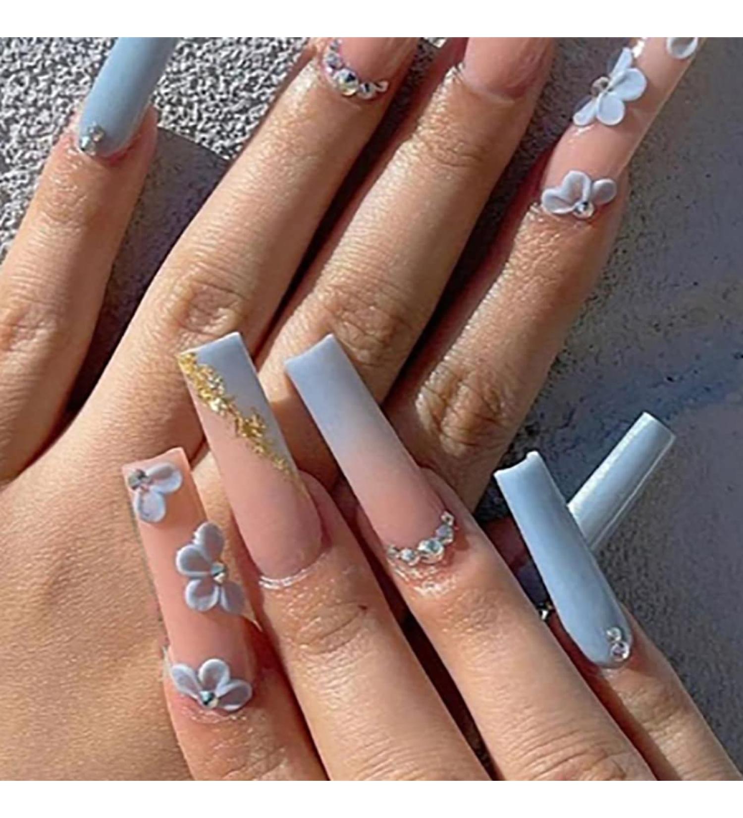 Brishow Coffin False Nails - Long Blue Flower Fake Nails | 24pcs Ballerina Acrylic Stick on Nails for Women and Girls - Buy Online on SooperMarket.com