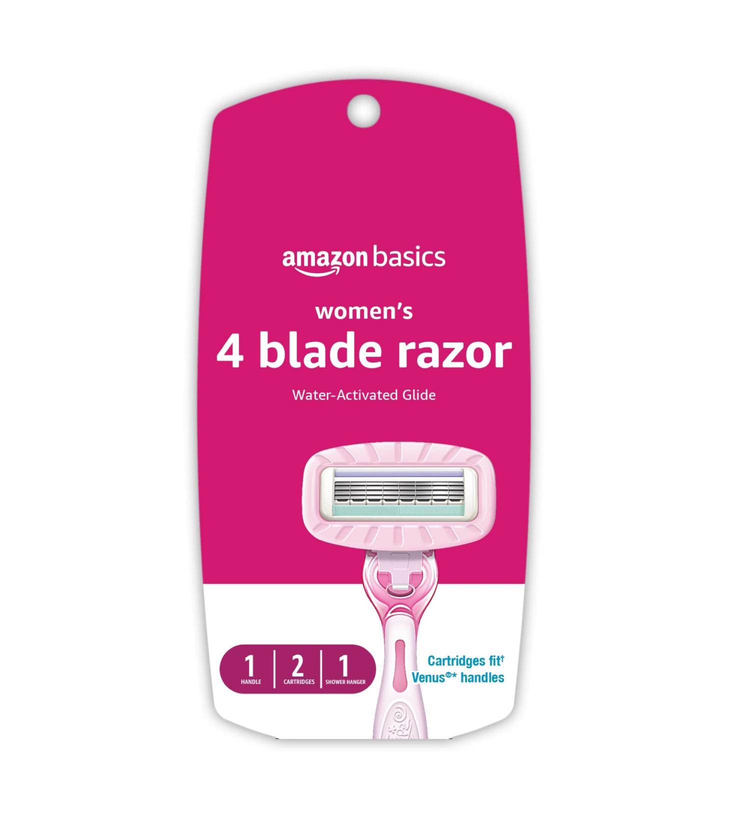 Amazon Basics Women's 4 Blade Razor Kit - Fits Amazon Basics & Venus Handles, Moisturizing Surround, Includes 1 Handle, 2 Cartridges, Shower Hanger - 2 Refills Included - Buy Online on SooperMarket.com