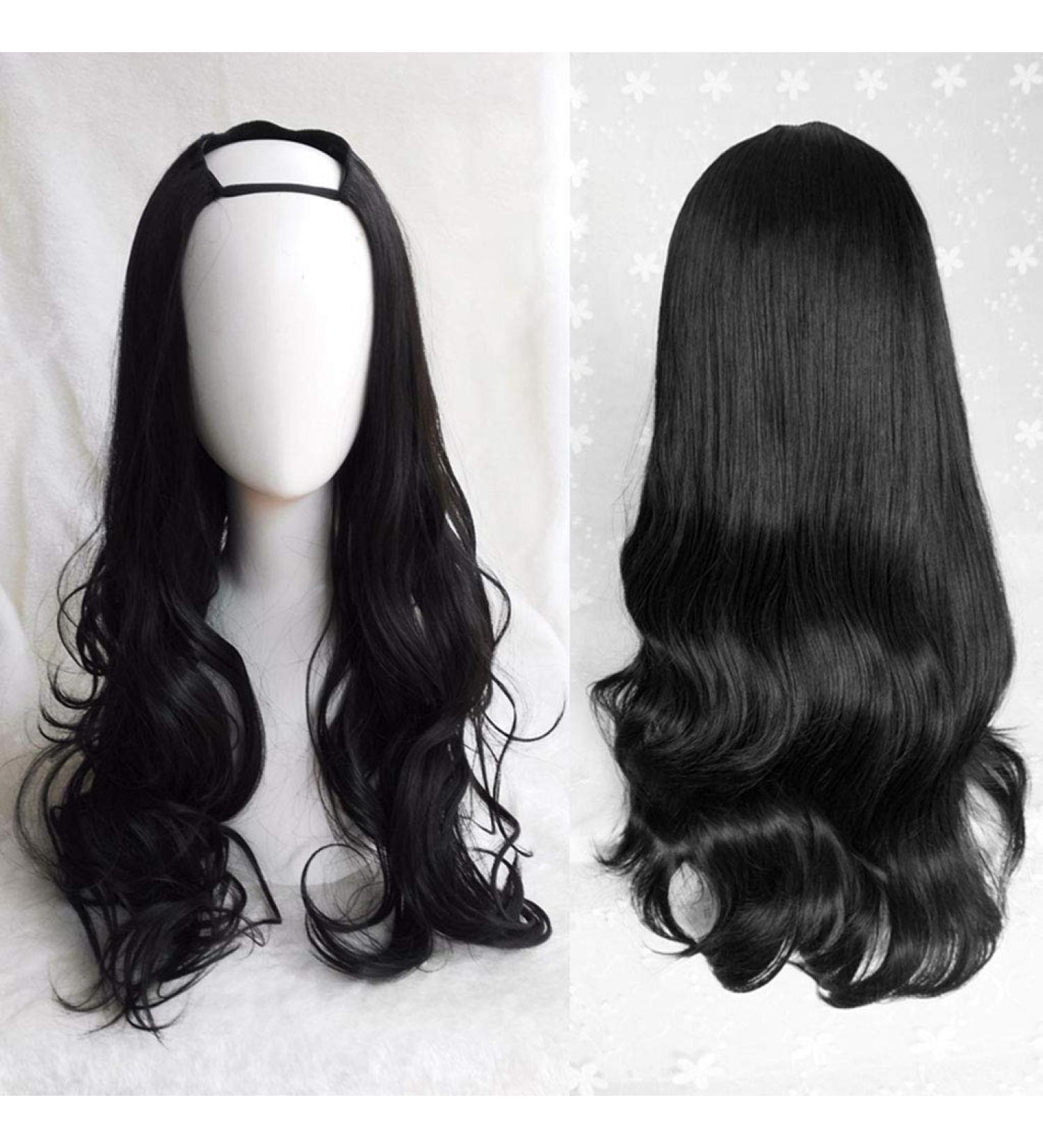 GJBXP Harajuku Fashion 28 Long Wavy Curly U-Shaped Wig | Heat Resistant Synthetic Fibre Mixed Gradient Dark Roots Hair for Girls - Buy Online on SooperMarket.com