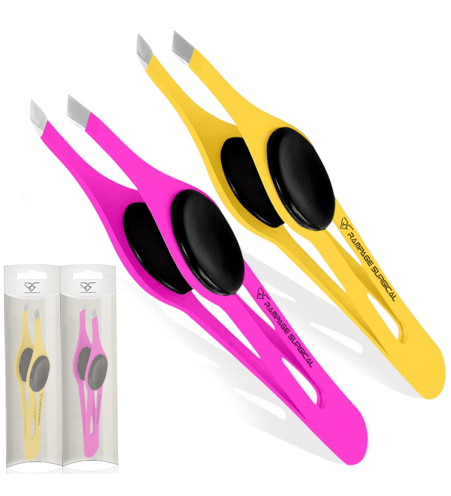 Professional Stainless Steel Slant Tip Eyebrow Tweezers Set | Non-Slip Grip for Ingrown Hair Removal | Yellow & Pink | 2 3xPcs Set - Buy Online on SooperMarket.com