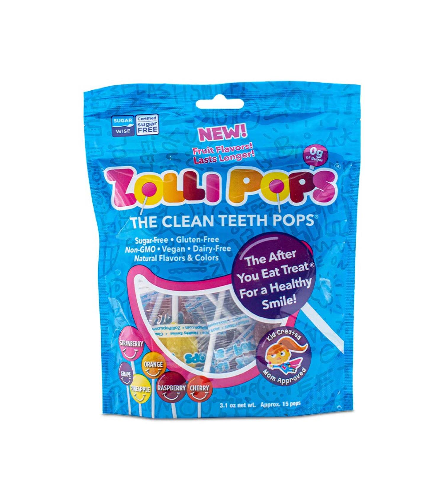 Zollipops Clean Teeth Pops - StrawOrangeRaspberryCherryGrapePineapple (15 Pops, 3.1oz) - Sugar-Free Tooth-Friendly Treats - Buy Online on SooperMarket.com