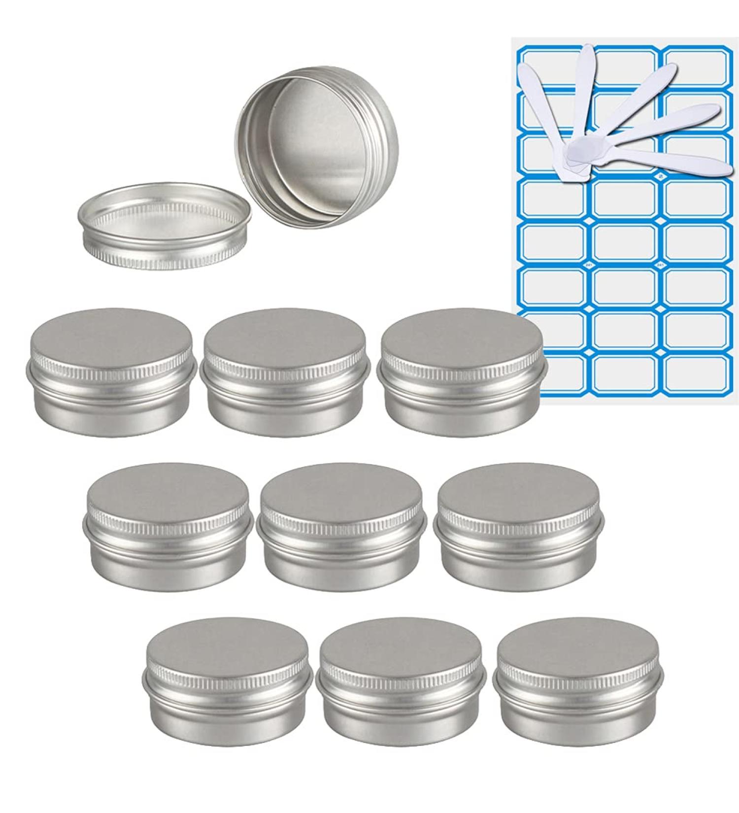 Zeoabsy 10ml Silver Aluminum Tins - 10 Pack Screw Cap Cans for Cosmetics Candles Ointments + Spatulas & Labels - Buy Online on SooperMarket.com