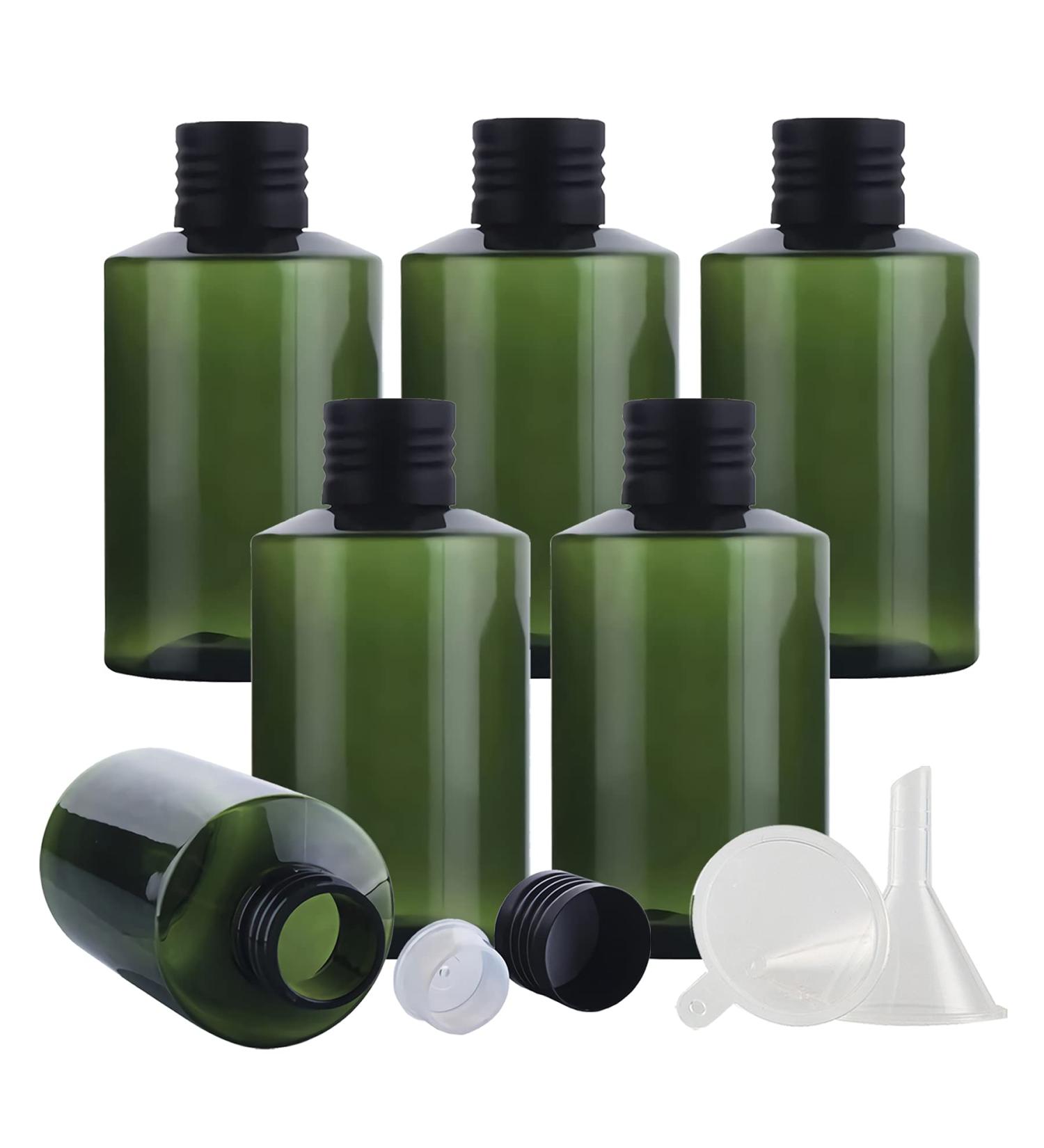 Tianzd 6 Pack 100ml Green Plastic Bottles with Black Aluminum Caps - Essential Oil Makeup & Cosmetic Containers with Funnel - Buy Online on SooperMarket.com