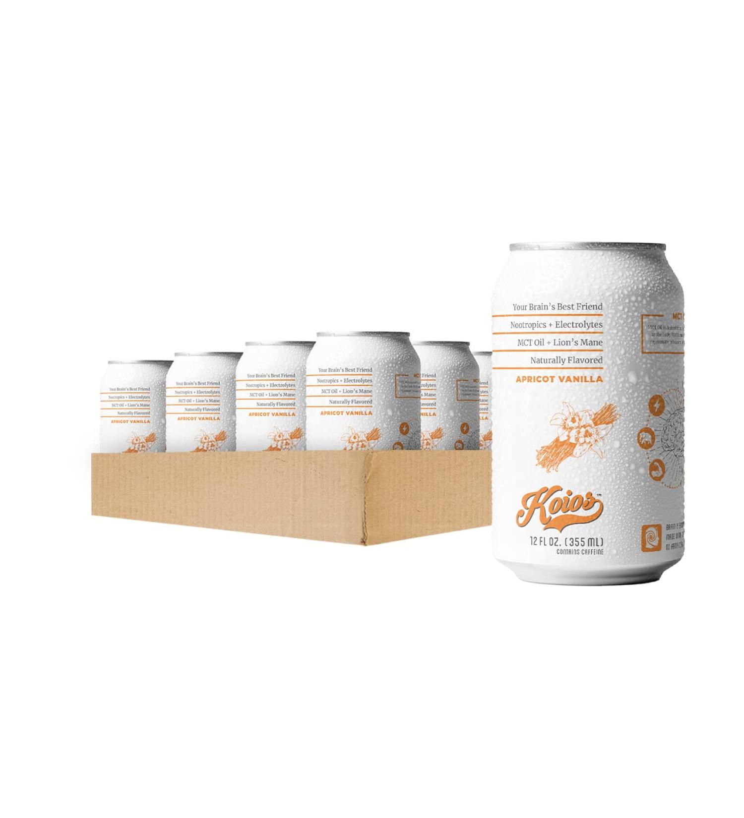 KOIOS Sparkling Apricot Vanilla Nootropic Beverage - Enhance Brain Function, Improve Memory & Productivity, Reduce Stress - Lions Mane Mushroom & MCT Oil - Gluten-Free, Vegan - Natural Caffeine - 12 Pack - Buy Online on SooperMarket.com