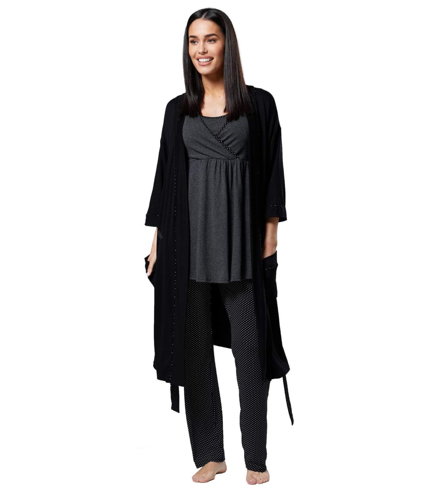 HAPPY MAMA Maternity Nursing Nightwear Set - Top, Pants & Robe 558p (Graphite Melange/Black) - Buy Online on SooperMarket.com
