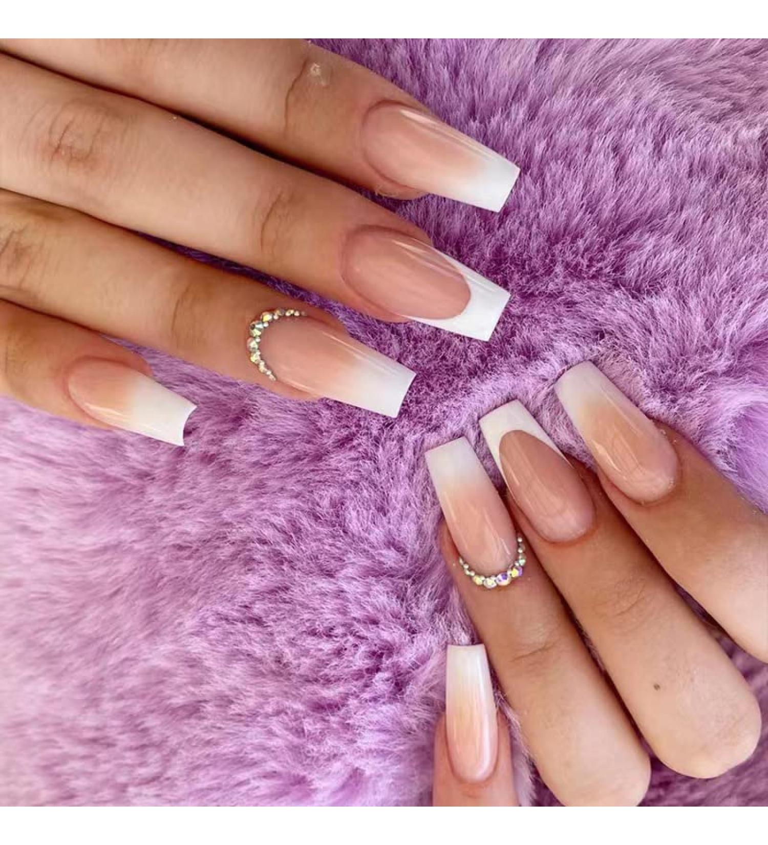 RikView French Tip Press on Nails: Long Coffin White Acrylic Nails with Rhinestones - Buy Online on SooperMarket.com