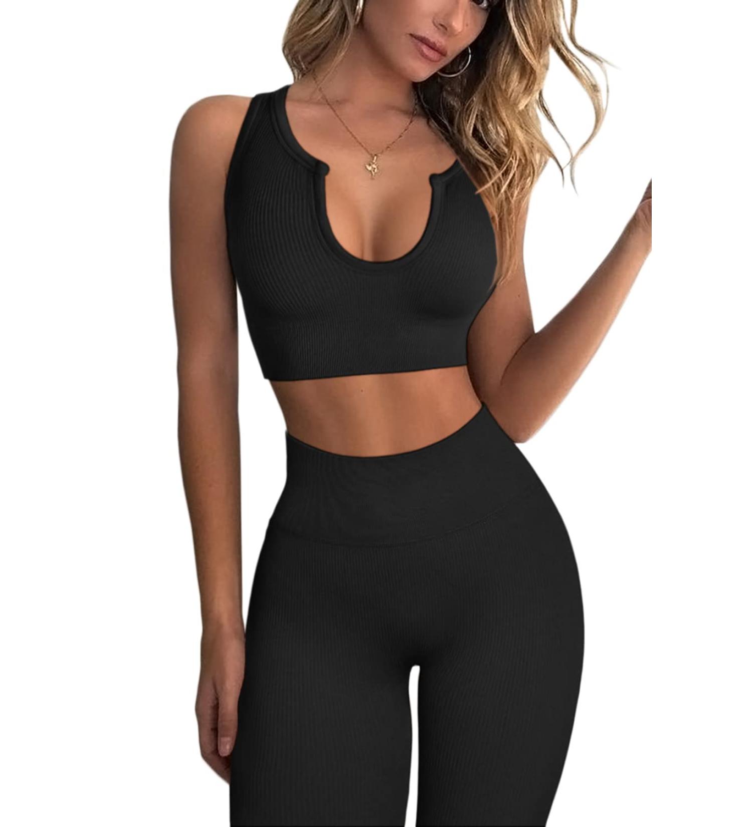 QINSEN Ribbed Seamless Crop Tank & High Waist Yoga Leggings Set - Large Black - Buy Online on SooperMarket.com