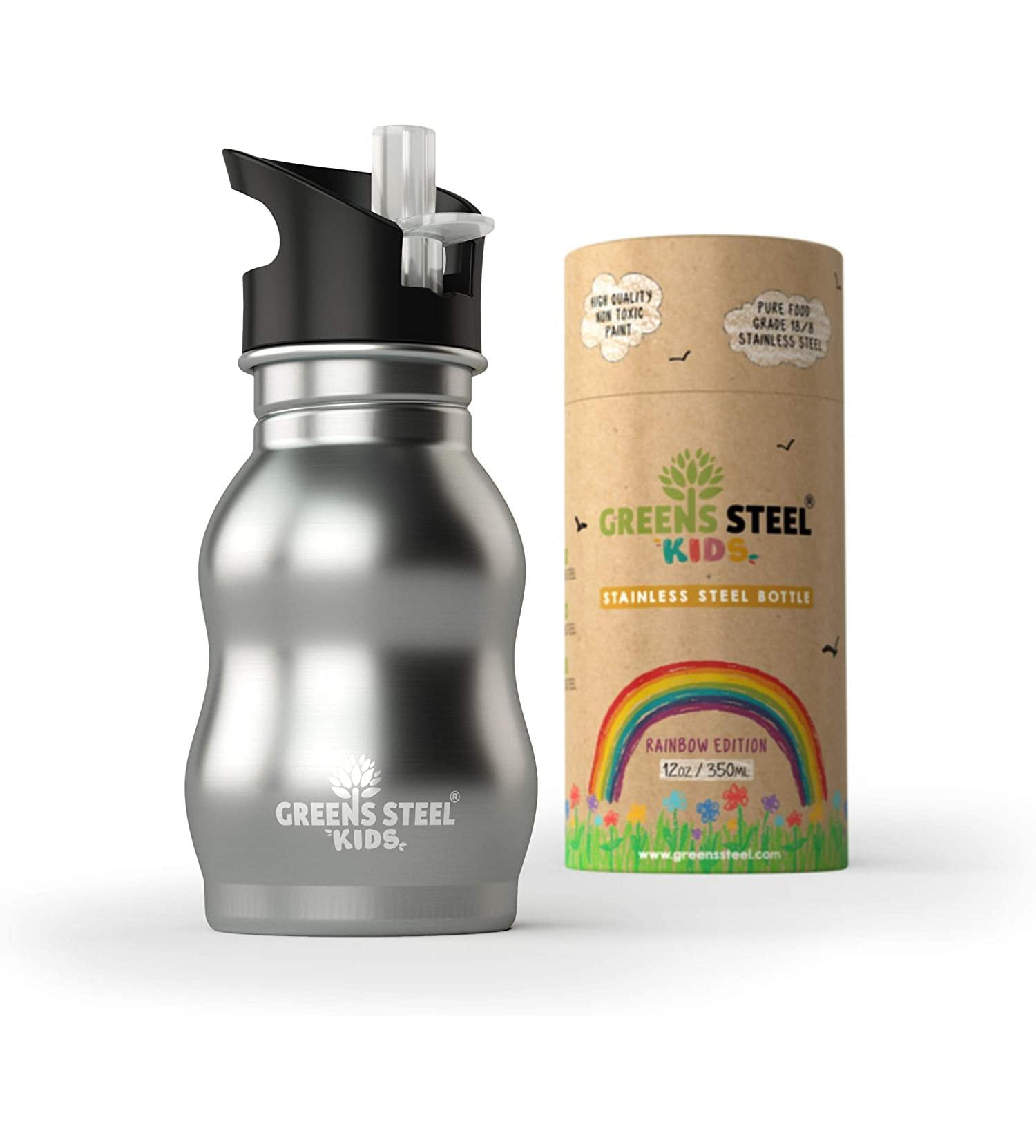 Silver 12 oz Kids Water Bottle with Straw & Handle - Eco Friendly Stainless Steel Cup - Leak Proof Lid - Cute and Easy Sip Design - Buy Online on SooperMarket.com
