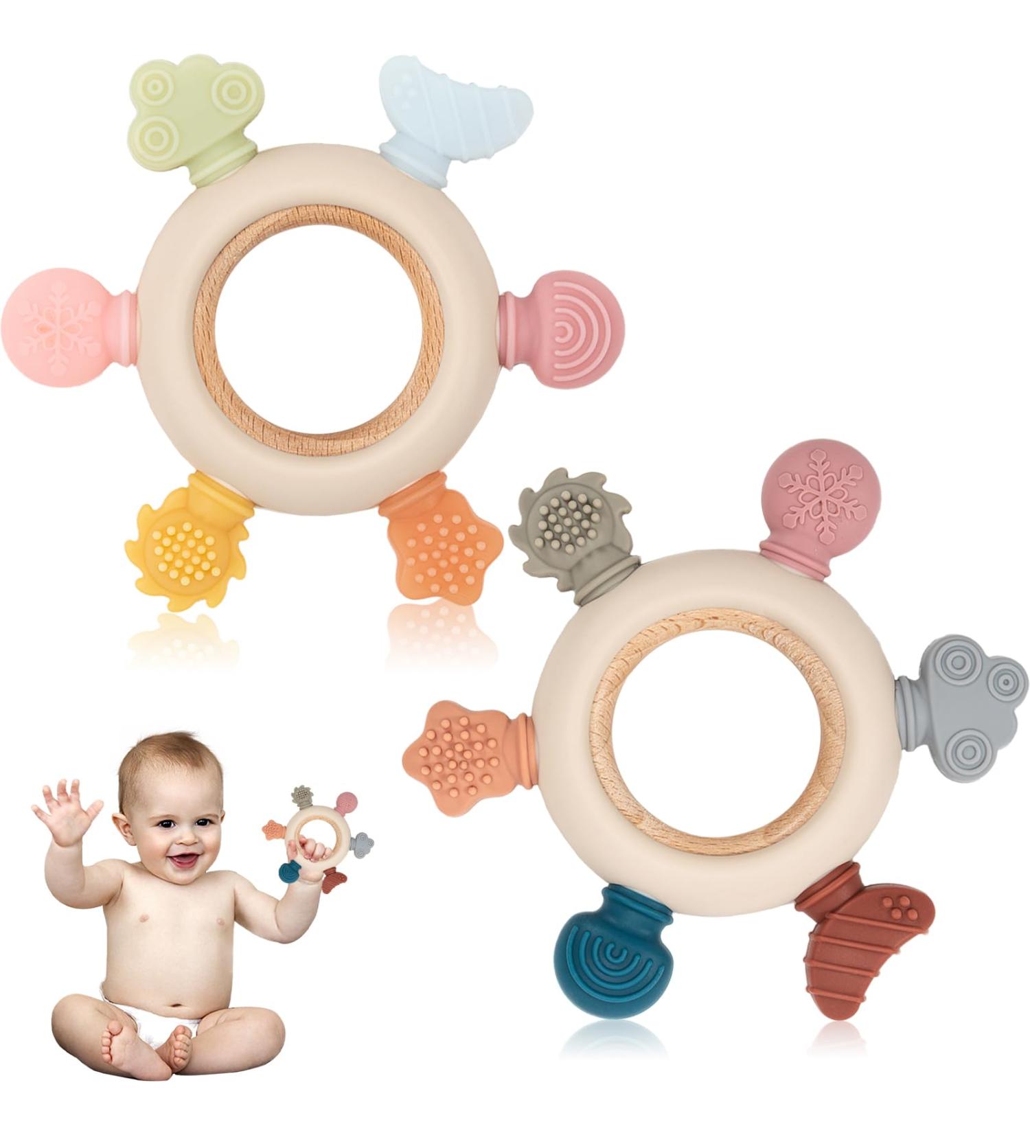 Teething Toys for Babies 2 Pack Teether for Baby Silicone Teething Ring for Sucking Needs BPA Free Baby Toys 0-3-6-12 Months Nursing Accessories Chew Toys for Teething Pain Relief Teeting Ring - Buy Online on SooperMarket.com