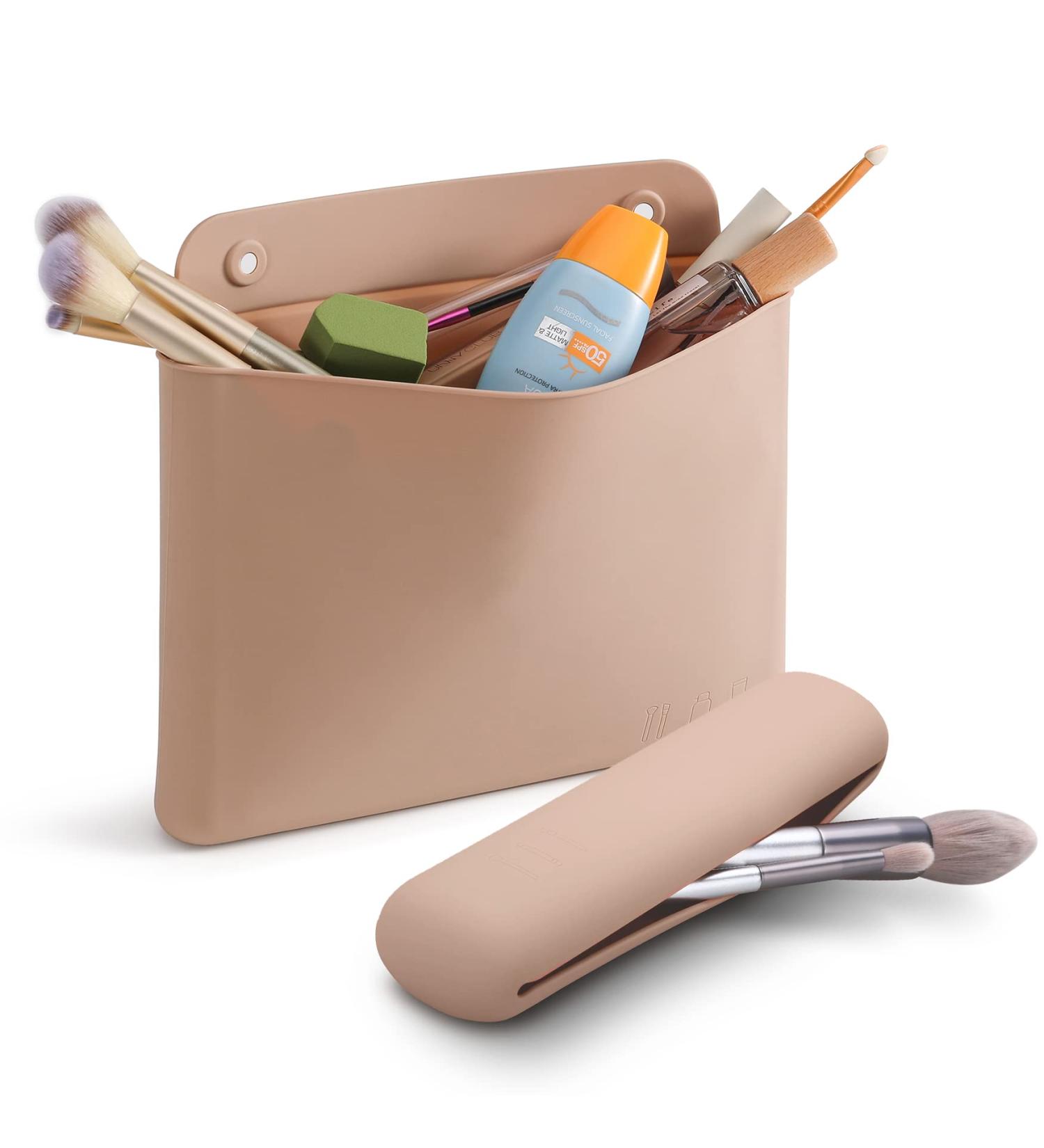 FERYES Khaki Makeup Bag & Travel Brush Holder - Portable Silicone Cosmetic Case for Toiletries - Buy Online on SooperMarket.com