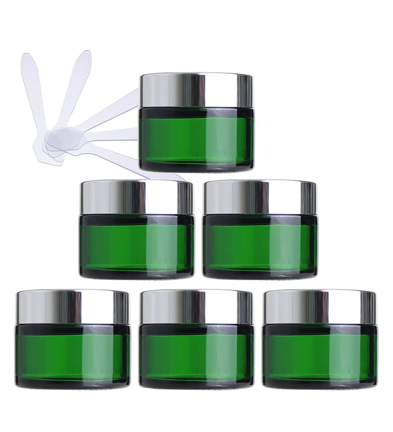 Zeoabsy 6-Piece 50ml Green Glass Cream Box Set with Silver Screw Lid & Spatulas Perfect for Gels Creams & Ointments | International Shipping - Buy Online on SooperMarket.com