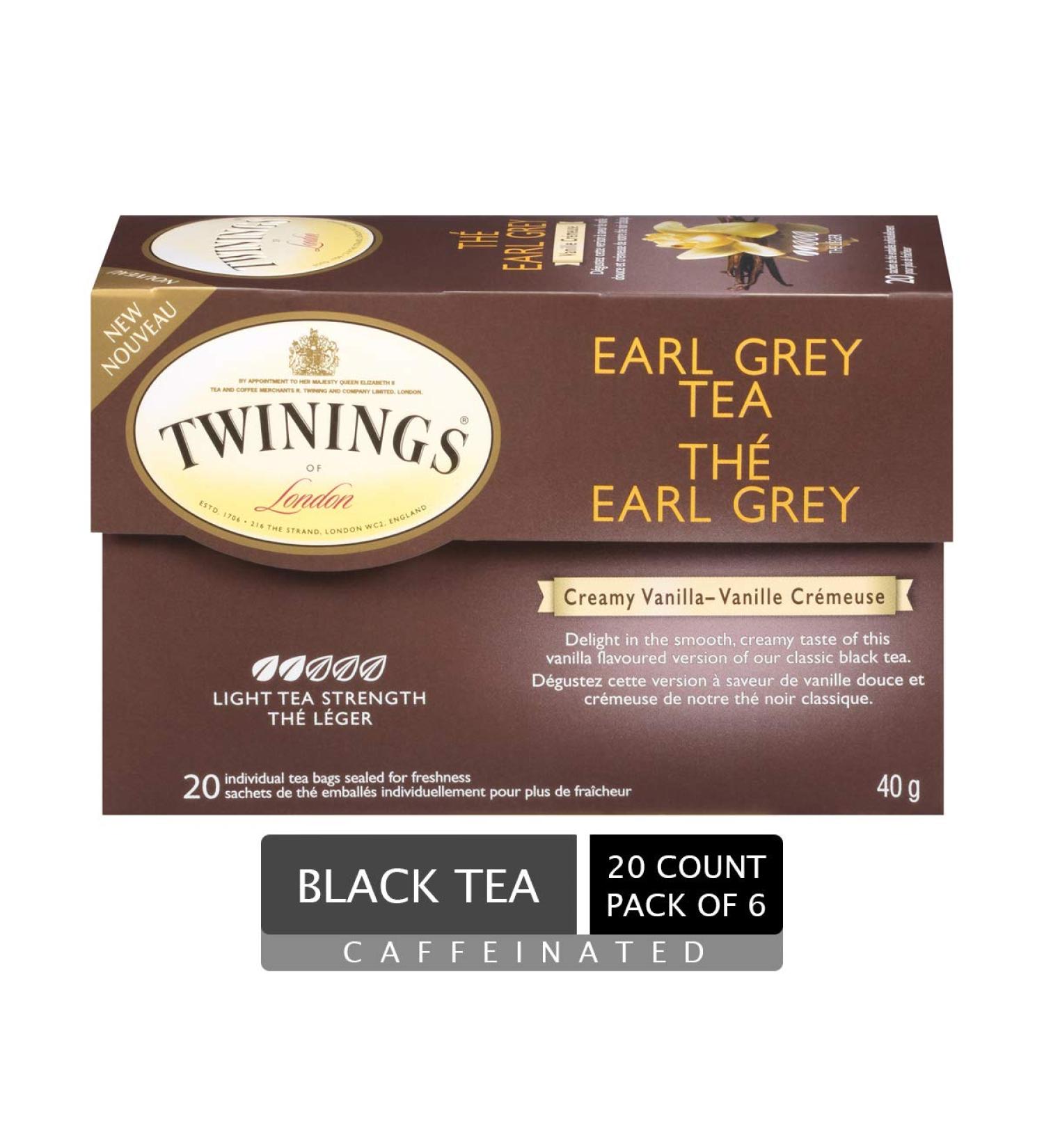 Twinings Earl Grey Creamy Vanilla Individually Wrapped Tea Bags | Black Tea with Vanilla & Bergamot Citrus | 20 Count (Pack of 6) | Enjoy Hot or Iced Earl Grey Creamy Vanilla 20 Count (Pack of 6) - Buy Online on SooperMarket.com