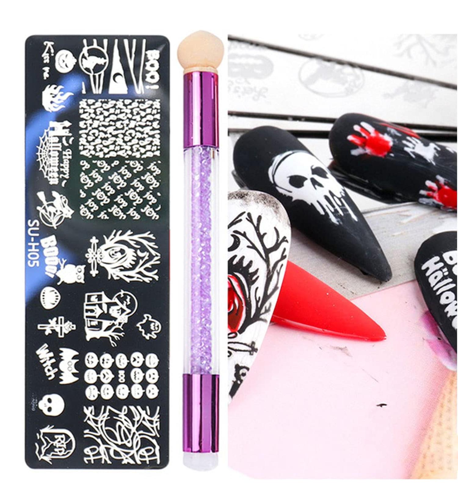 healthGUO Nail Art Stamping Plate Stamper Sponge Pen Halloween Pumpkin Bats Image Nail Polish Template Stamp Stencil Tools Kit 5 - Buy Online on SooperMarket.com