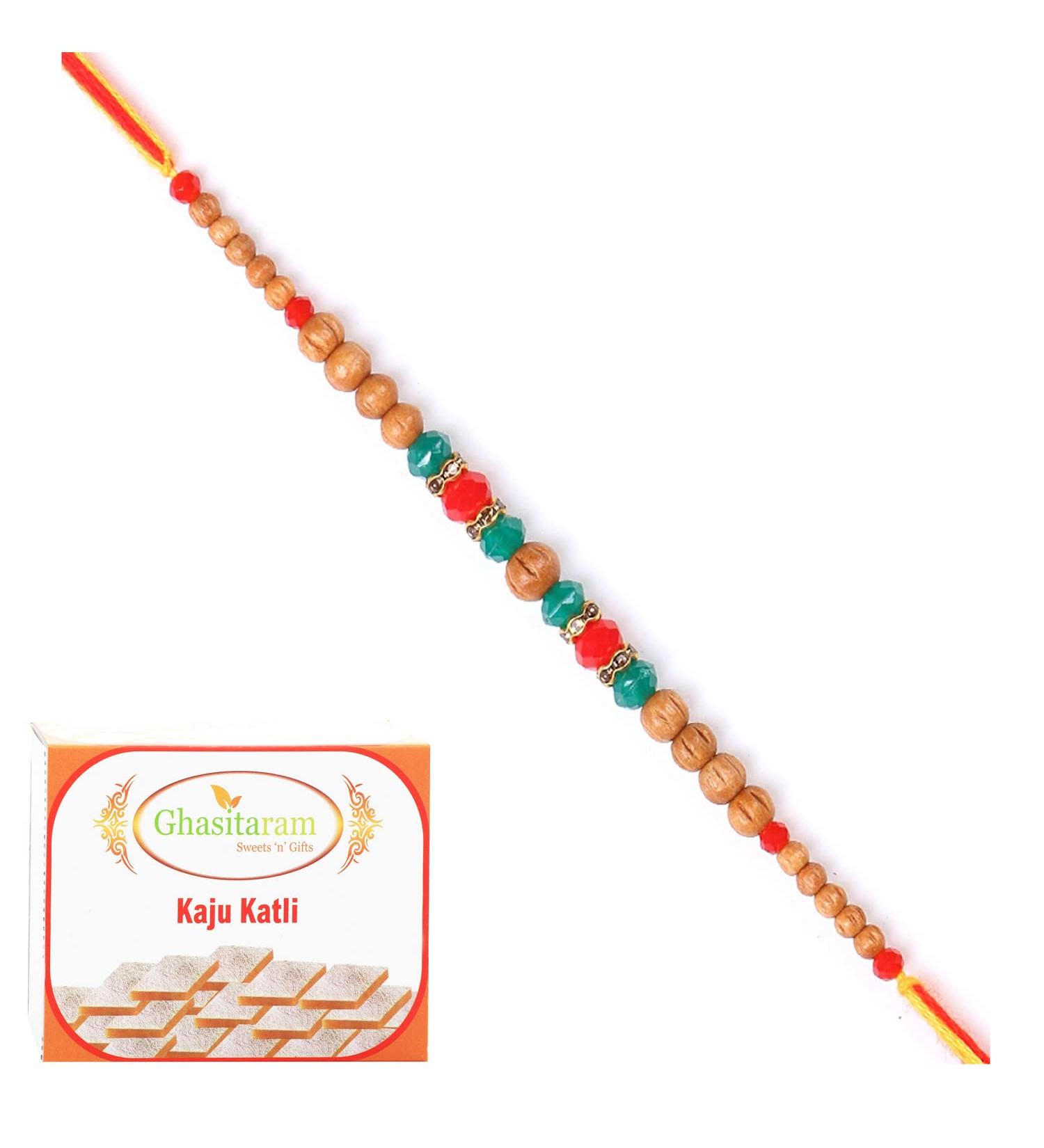 Ghasitaram Gifts Rakhi for Brother Rakhis Online - 6480 Fancy Thread Rakhi with 200 GMS of Kaju katli - Buy Online on SooperMarket.com