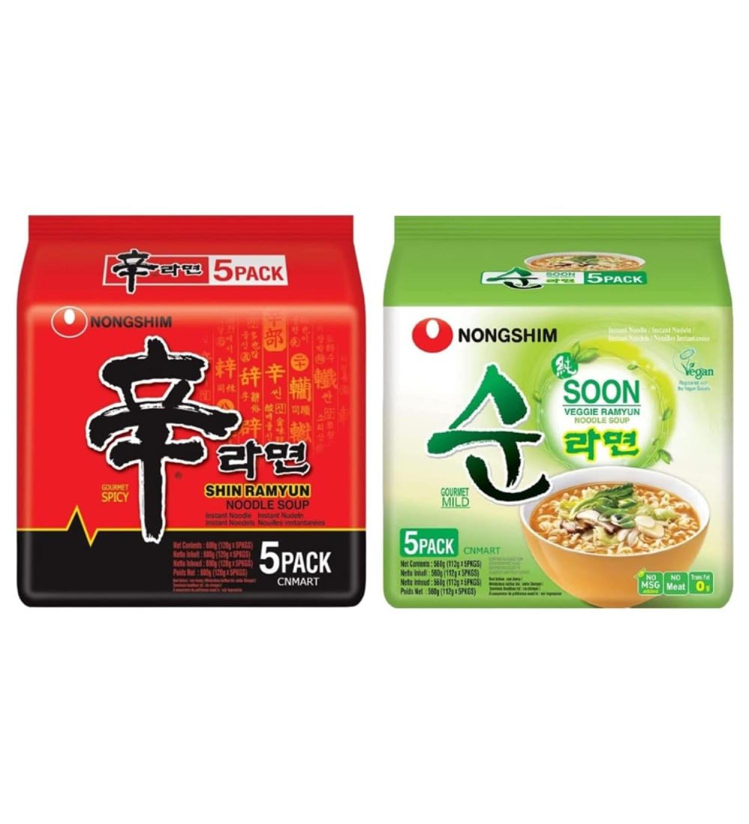 Nongshim Ramen Assorted Bundle Shin Ramyun Soon Veggie Ramyun Instant Noodle Soup 2 Flavours Box Halal (Pack of 10) by CNMART - Buy Online on SooperMarket.com