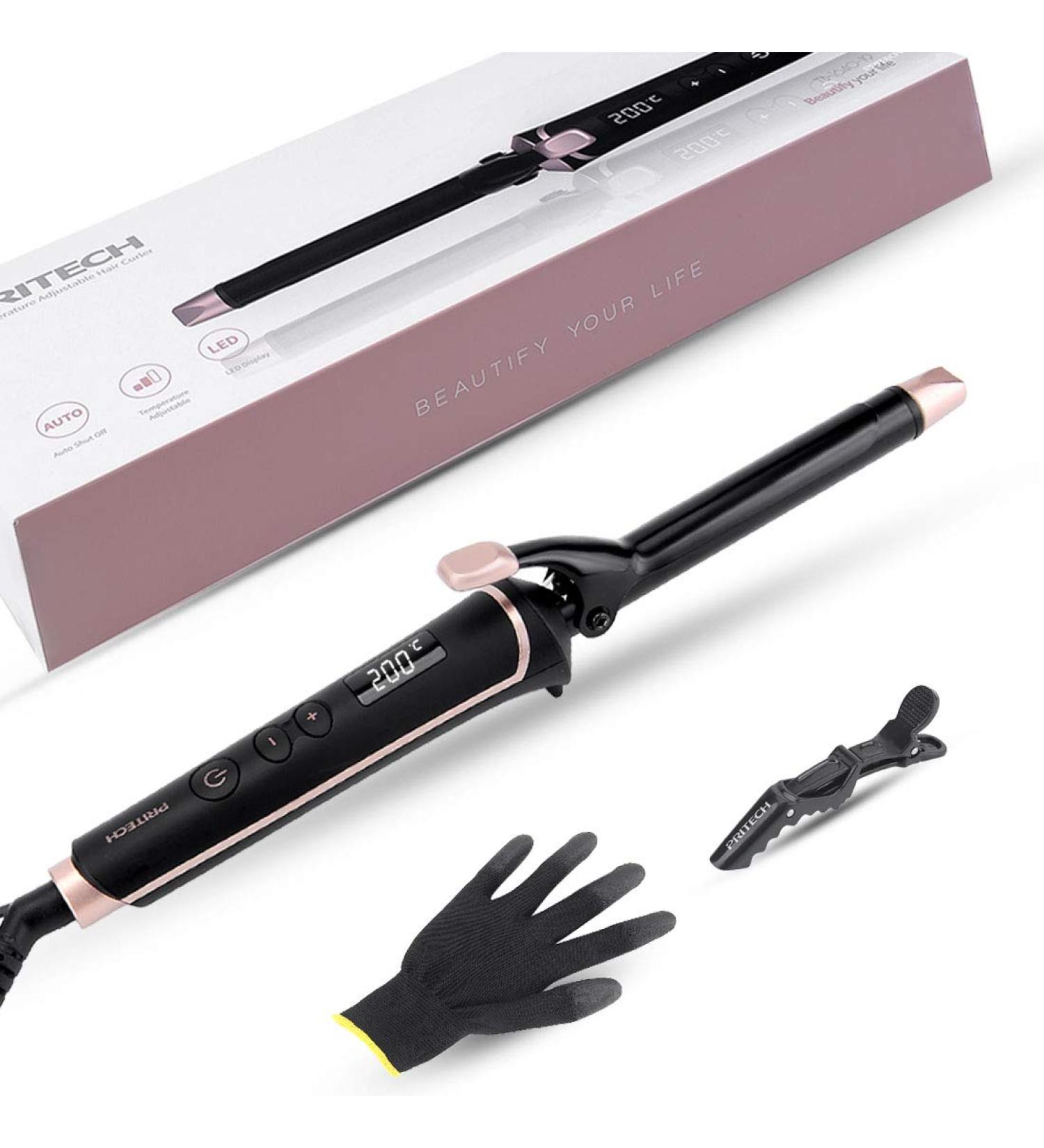 3/4 Inch Ceramic Curling Iron with LCD Display | 6 Temperature Settings Fast Heat Up & Dual Voltage | Hair Curler Includes Gloves (Black - Buy Online on SooperMarket.com