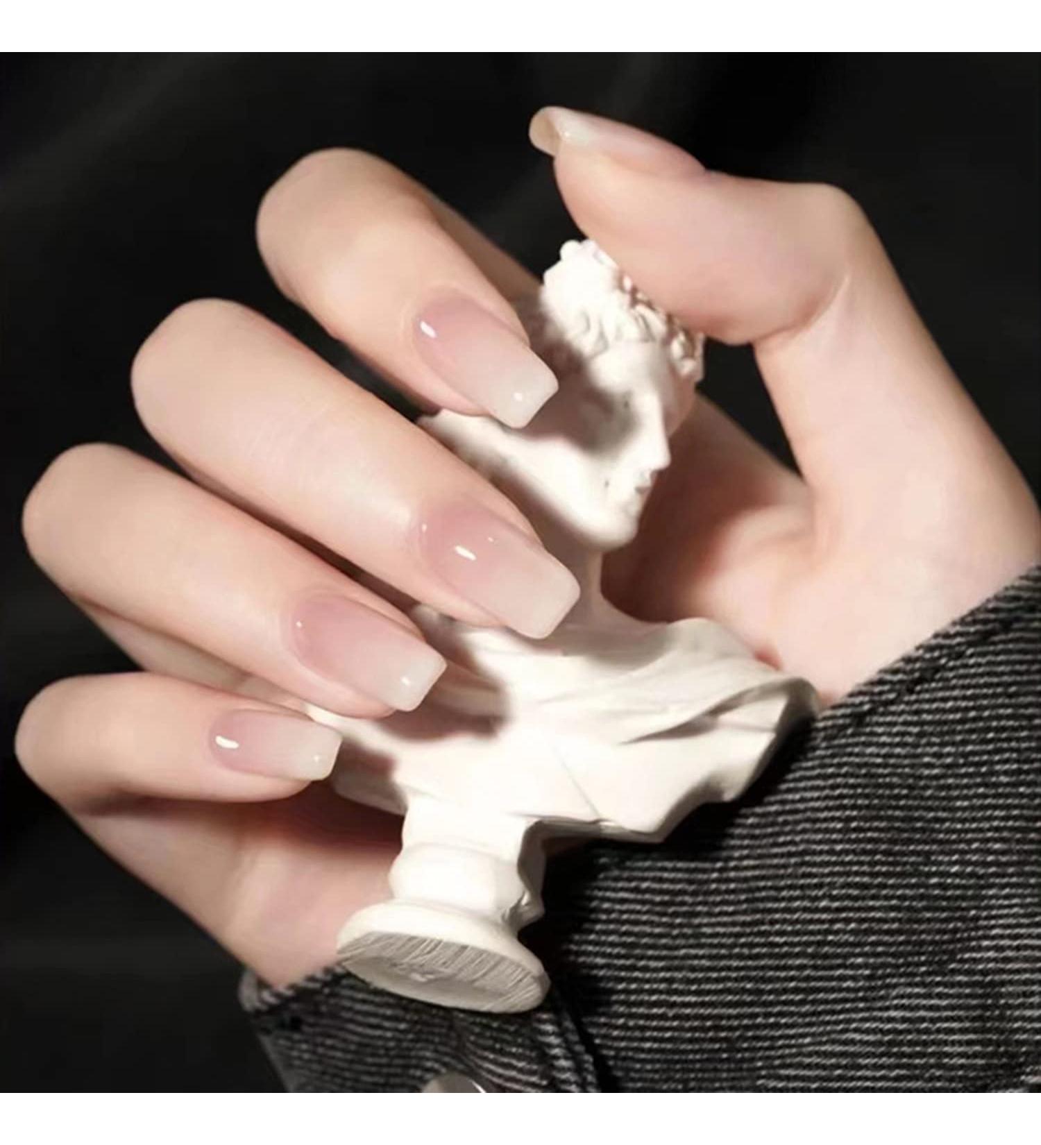 French Nude Medium Length Coffin Press on Nails - Glossy Square False Nails for Women - Reusable Acrylic Nails - 24pcs - Buy Online on SooperMarket.com
