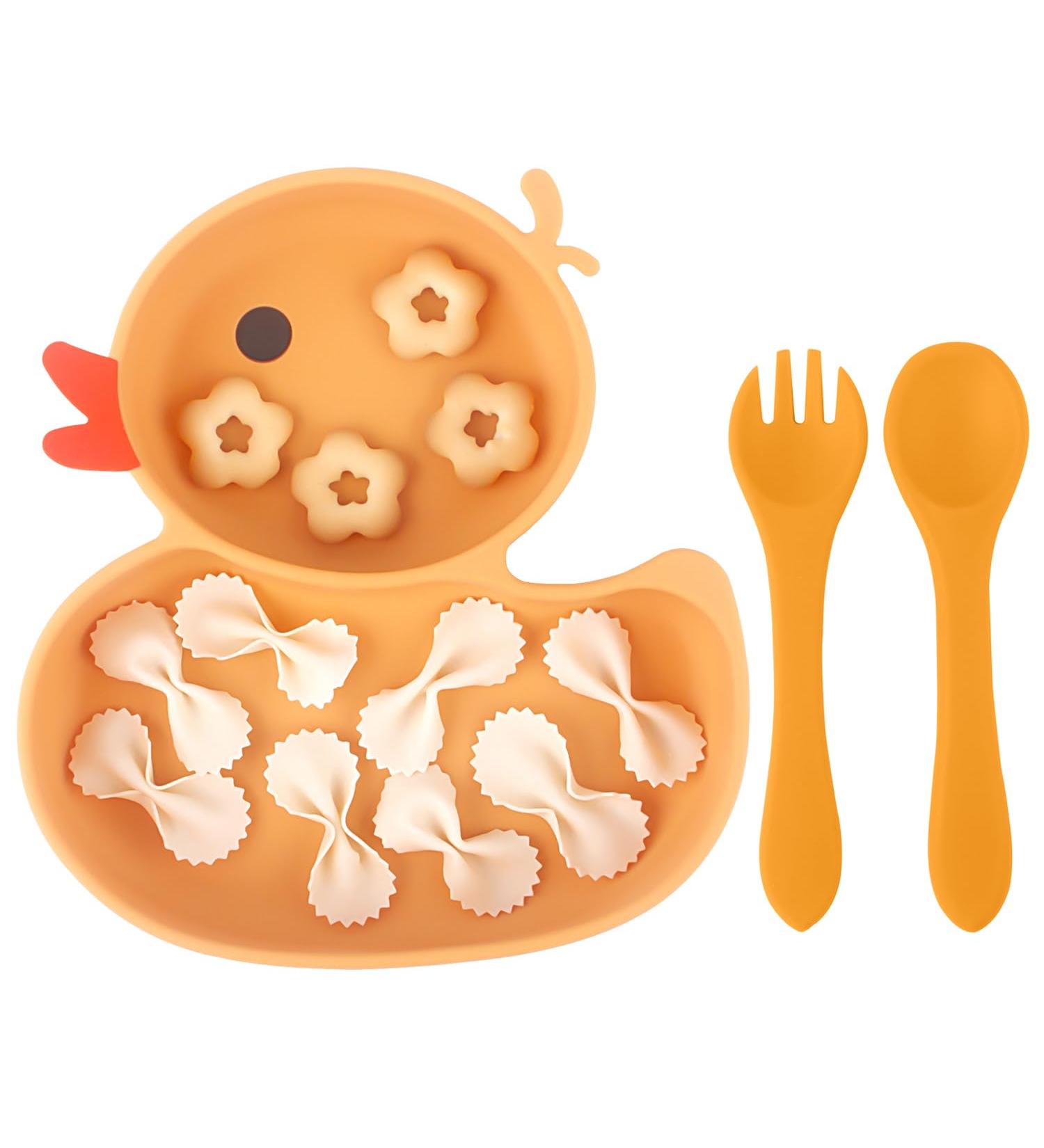 Qshare Baby Suction Plate with Spoon and Fork - Non Slip Silicone Plate for Self Feeding Training - Divided Weaning Plates for Baby Toddler (Yellow) - Buy Online on SooperMarket.com