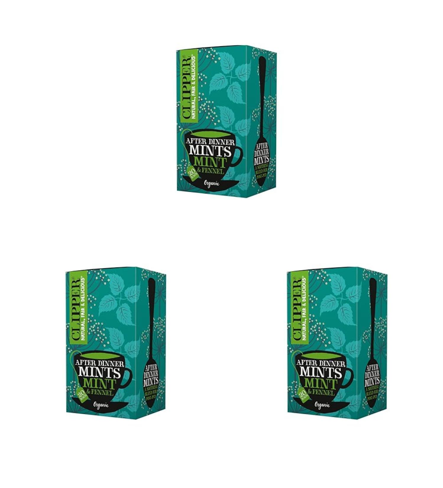 Clipper Organic After Dinner Mint & Fennel Tea Bags | 20 Infusion Peppermint & Fennel Sachets | Caffeine Free Teabags | Eco-Conscious Herbal Tea Bags | Natural Unbleached Plant-Based & Biodegradable Pack of 3 - Buy Online on SooperMarket.com