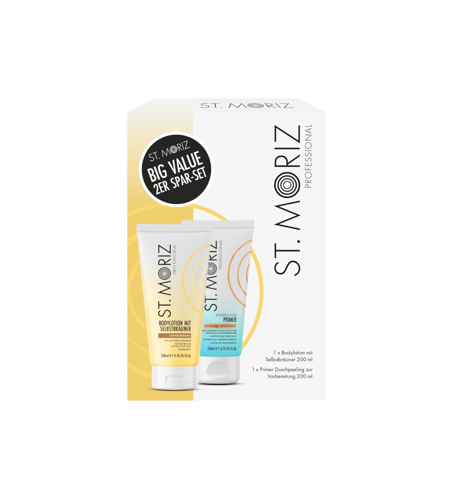 St. Moriz Professional Self-Tanner 2-Pack Gift Set - Restorative Body Lotion 200ml + Preparatory Peeling Shower 200ml