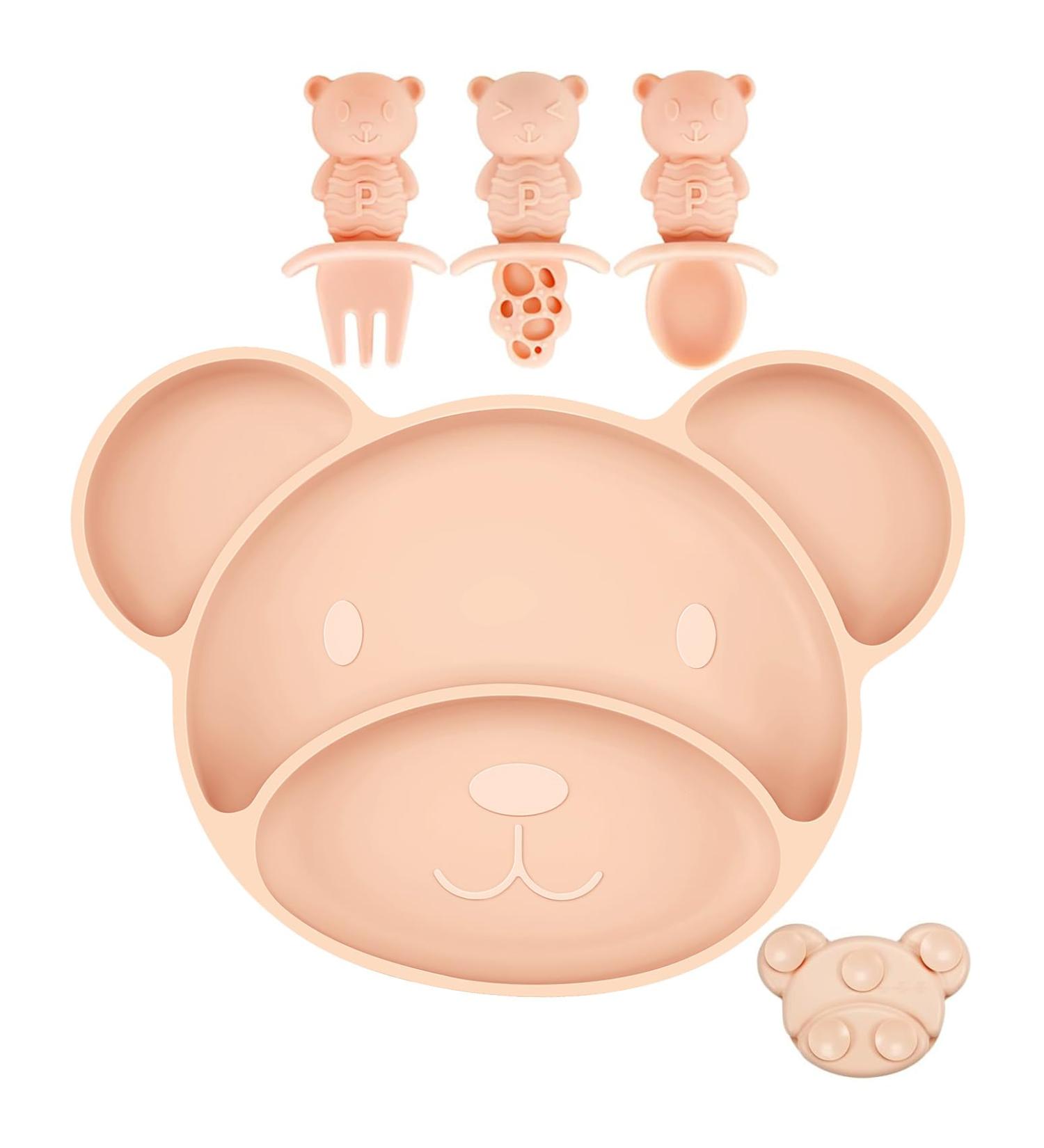 PandaEar Silicone Suction Plate Toddler Set | BPA-Free Divided Baby Food Plate with Spoon and Fork | Dishwasher & Microwave Safe | Bear Shape (Pink) - Buy Online on SooperMarket.com