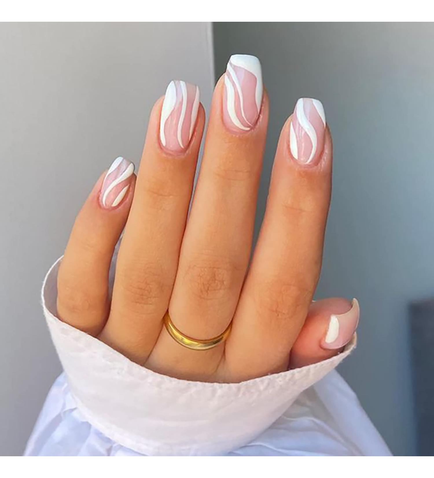 24 Pcs Short Press on Nails Luvehandicraft Glossy Coffin False Nails with Glue - Pink White Swirl | For Women and Girls | 28 Piece Set - Buy Online on SooperMarket.com