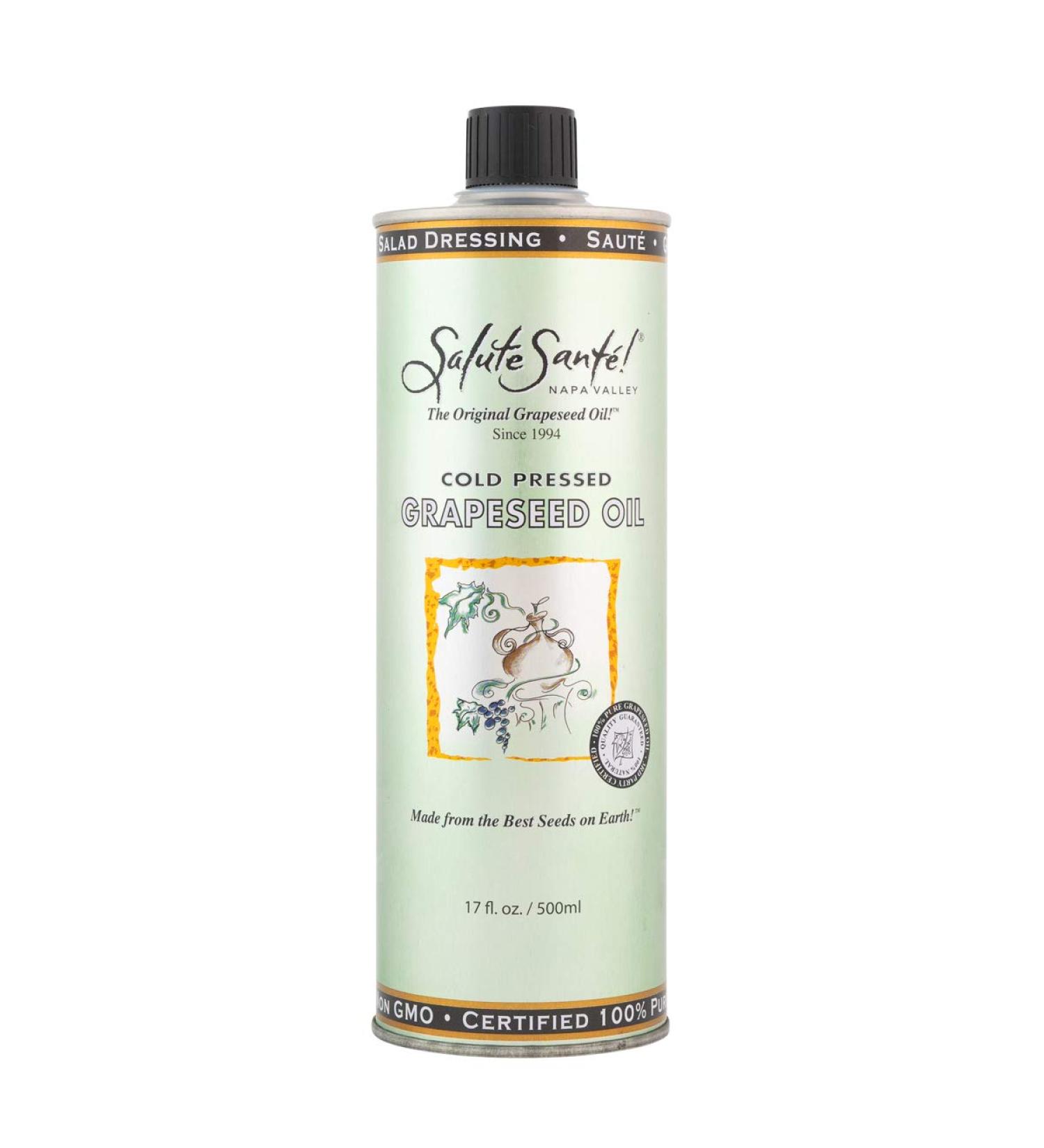 Salute Sante! Cold Pressed Grapeseed Oil - High Temperature Cooking, Non-GMO, Kosher, Vegan - 500ml/17 fl oz - Buy Online on SooperMarket.com