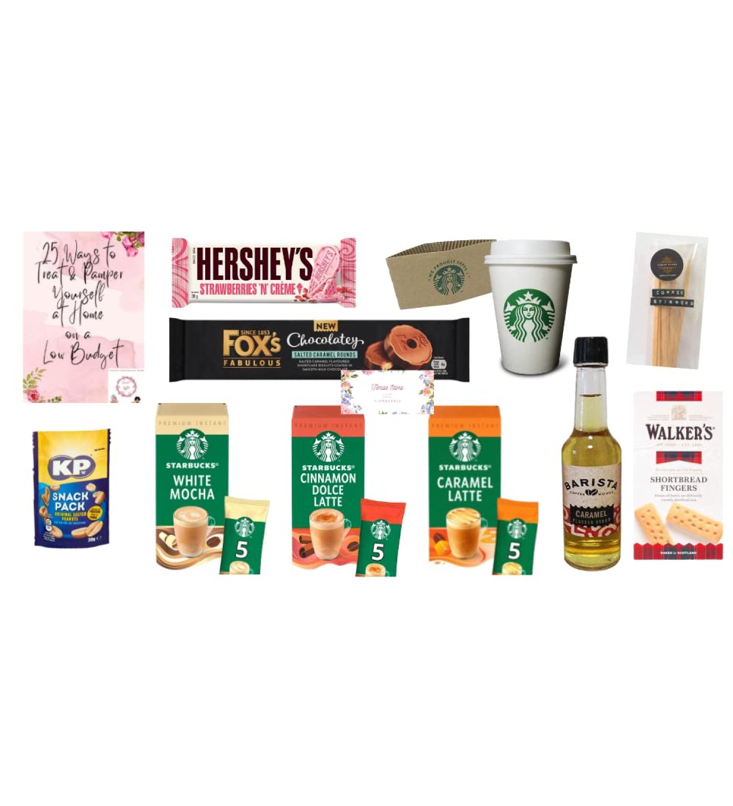 Starbucks Instant Coffee Gift Box- Compatible For Lovers Of Starbucks| Starbucks White Mocha Cinnamon Dolce Latte & Caramel Latte Flavour| Coffee Cup Sleeves Stirrers|Snacks & Pamper Guide - Buy Online on SooperMarket.com