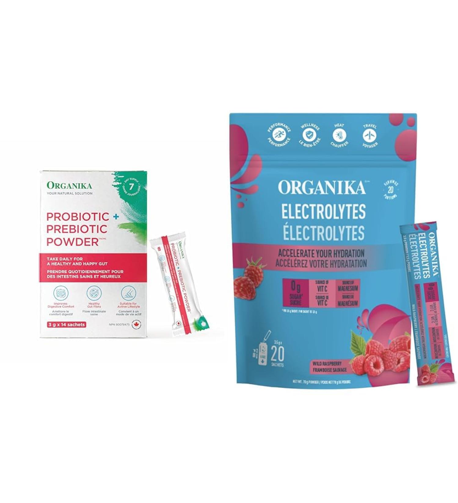 Organika Prebiotic + Probiotic Powder | Organika Electrolytes Powder - Wild Raspberry Sachets Powder + Organika Electrolytes Powder - Buy Online on SooperMarket.com