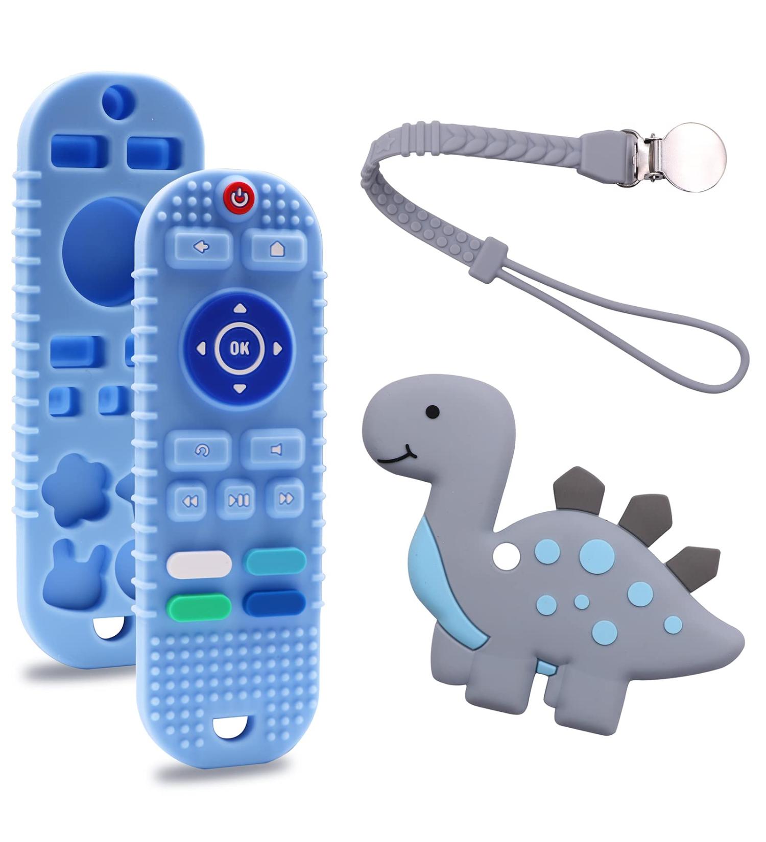 2 Pack Baby Teether Toys - Remote Control and Dinosaur Chew Toys for Babies 0-12 Months | Silicone Teethers for Boys and Girls - Reduce Gum Discomfort - Buy Online on SooperMarket.com