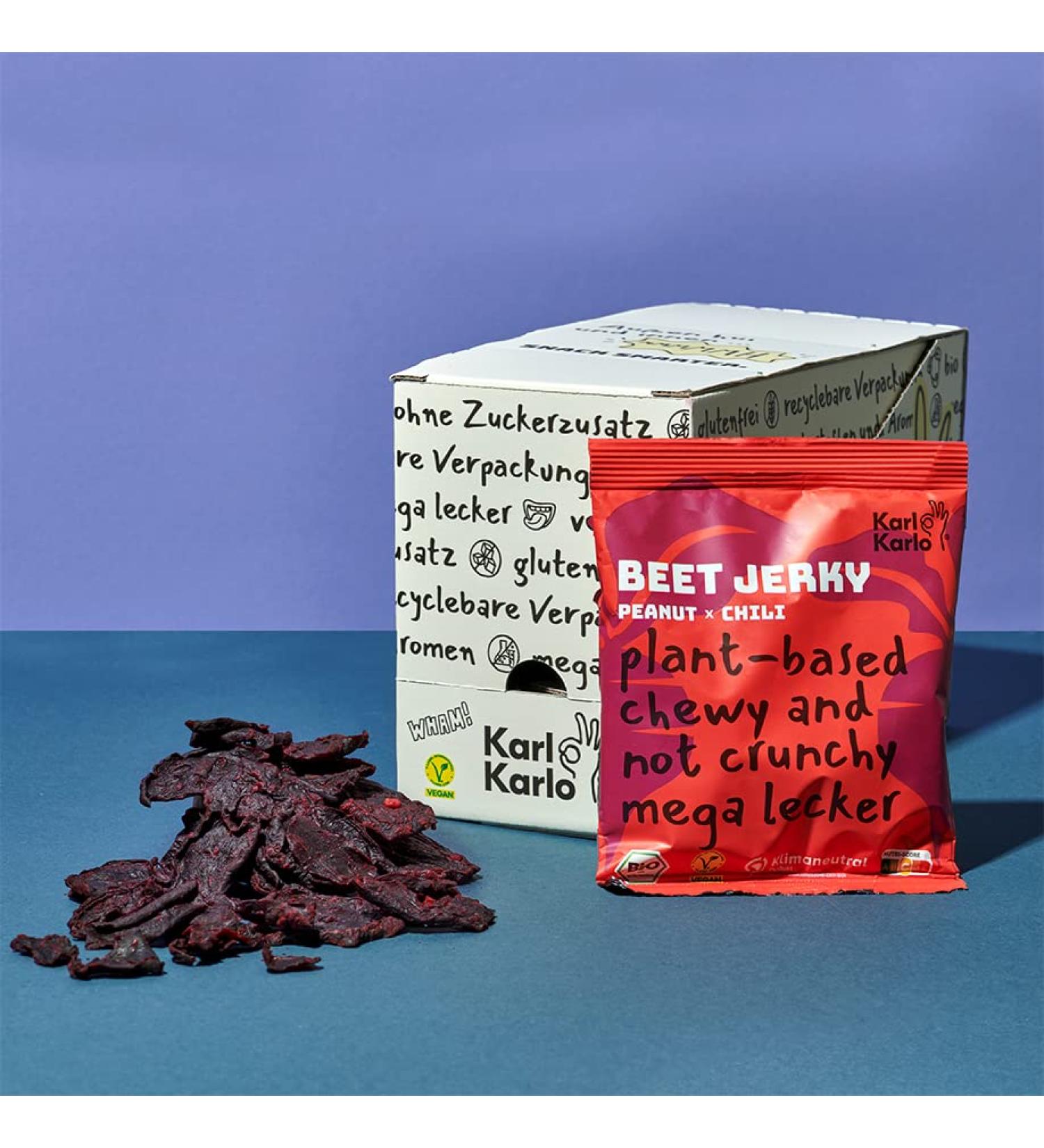 Karl Karlo Vegan Beef Jerky - Beetroot Peanut & Chilli Snack | Natural Ingredients | Hearty Vegan Dry Meat | 8 Pack (40g Each) - Made in Europe - Buy Online on SooperMarket.com