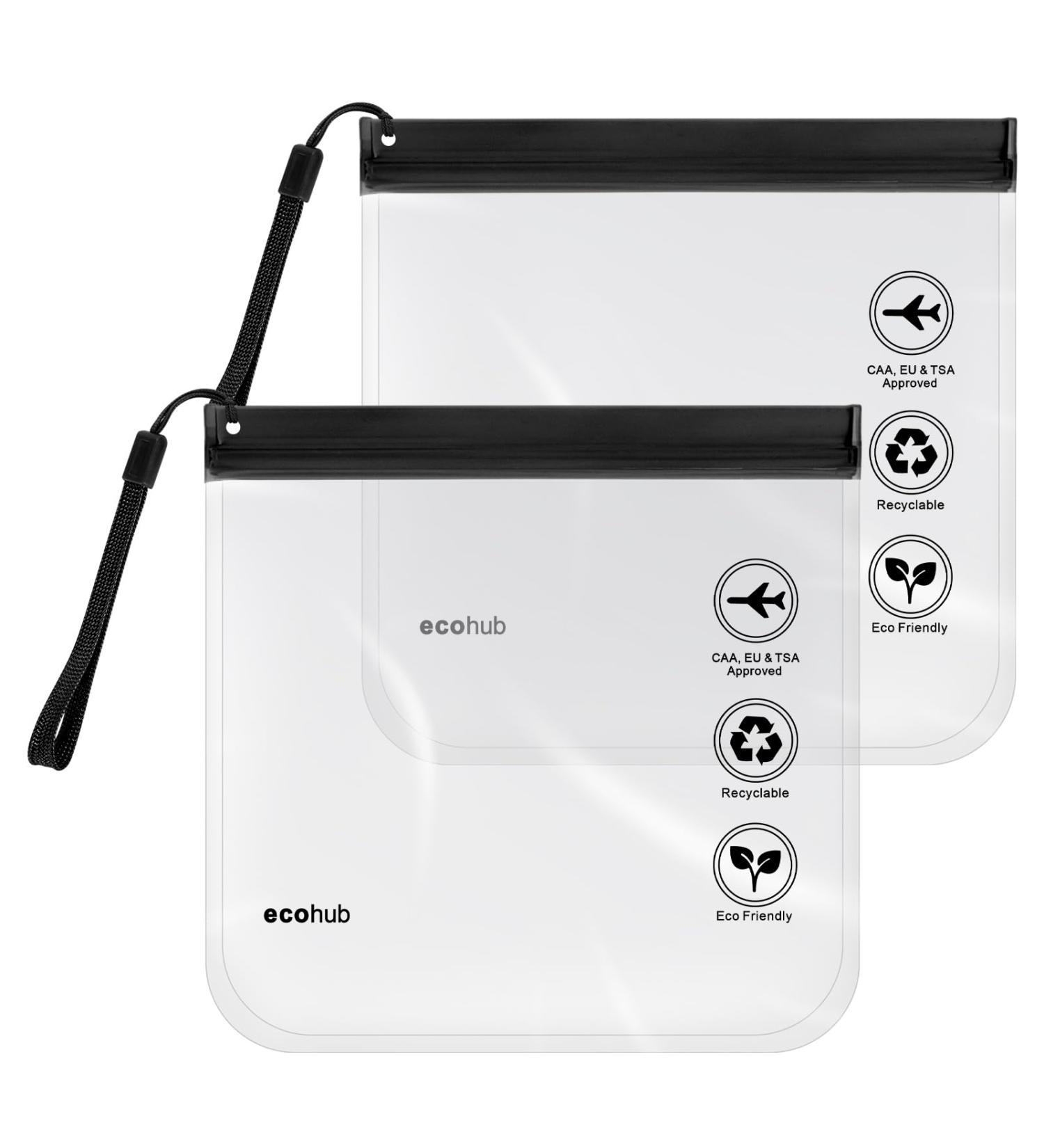 ECOHUB Airport Security Liquids Bags - 2 Black EVA Airport Liquid Bags 20x20cm, Airline Approved Clear Toiletry Bags with Zip Lock & Strap for Travel - Buy Online on SooperMarket.com