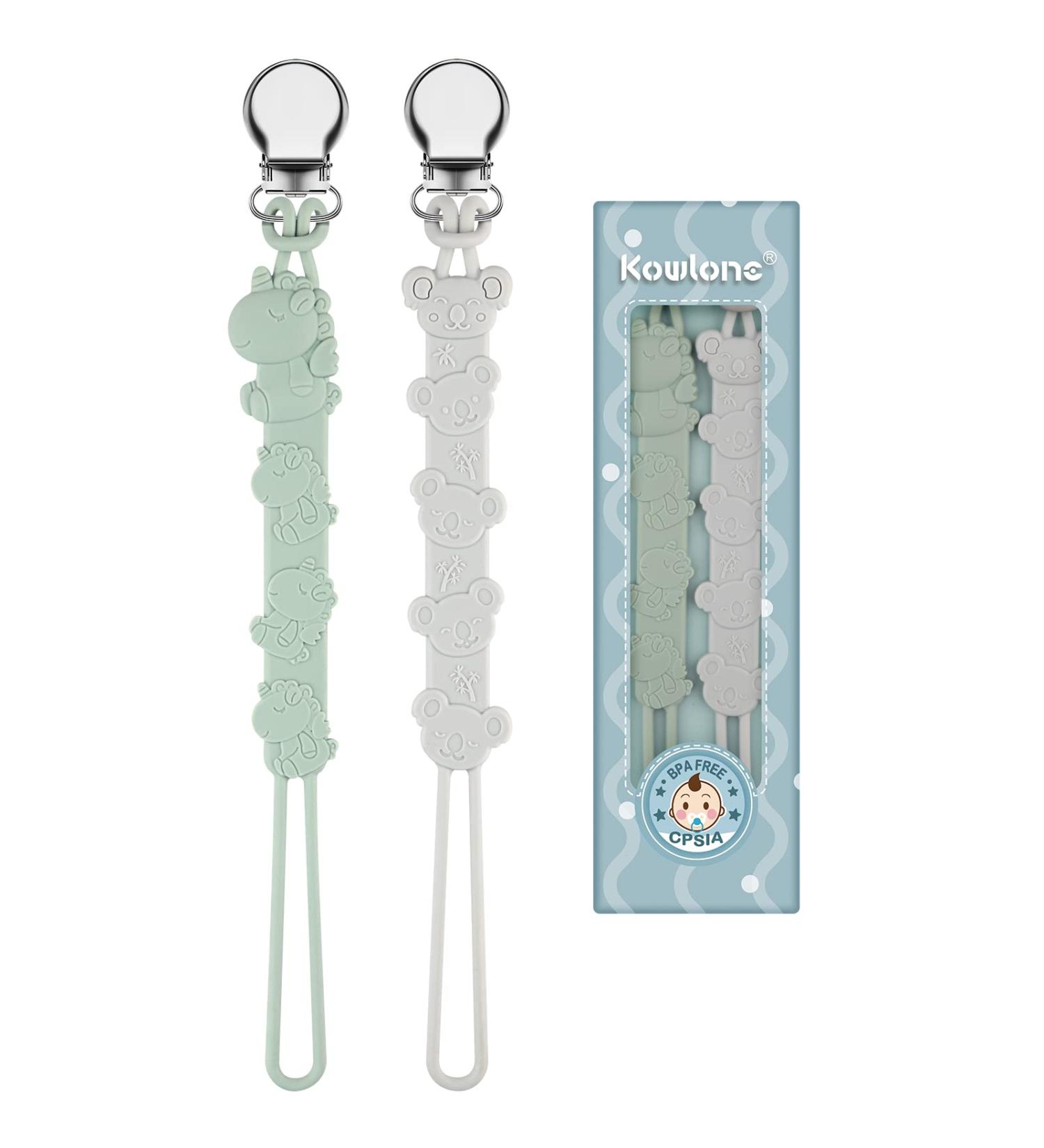 Kowlone Koala Bear Silicone Dummy Clip Set - Teething Pacifier Holder for Boys and Girls (Green Grey) - Buy Online on SooperMarket.com