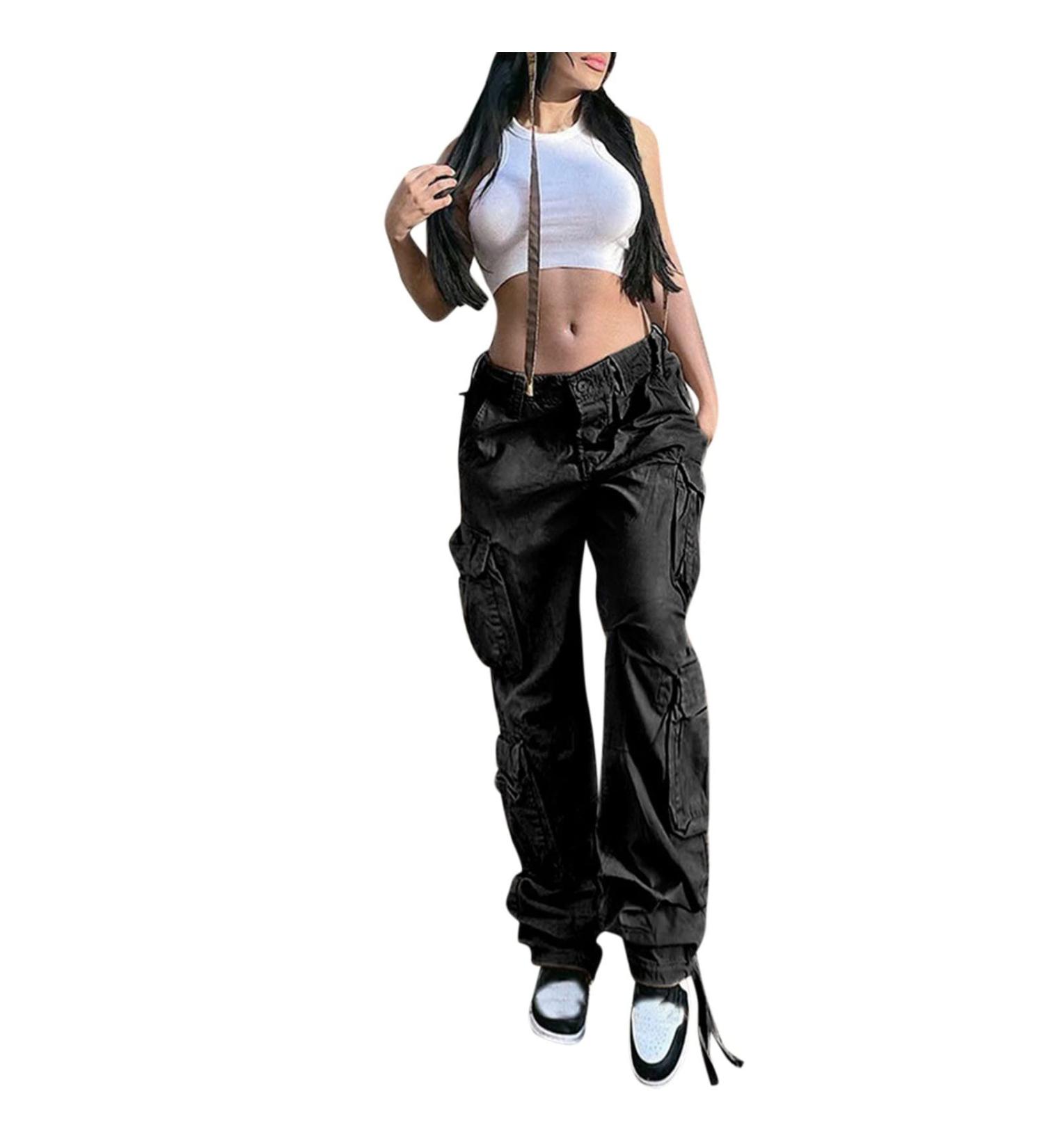 Gufesf Women's Baggy Cargo Pants - Trendy Low Waist Wide Leg Trousers with Big Pockets | Y2K Streetwear Fashion - Ak-a-black, Large - Buy Online on SooperMarket.com