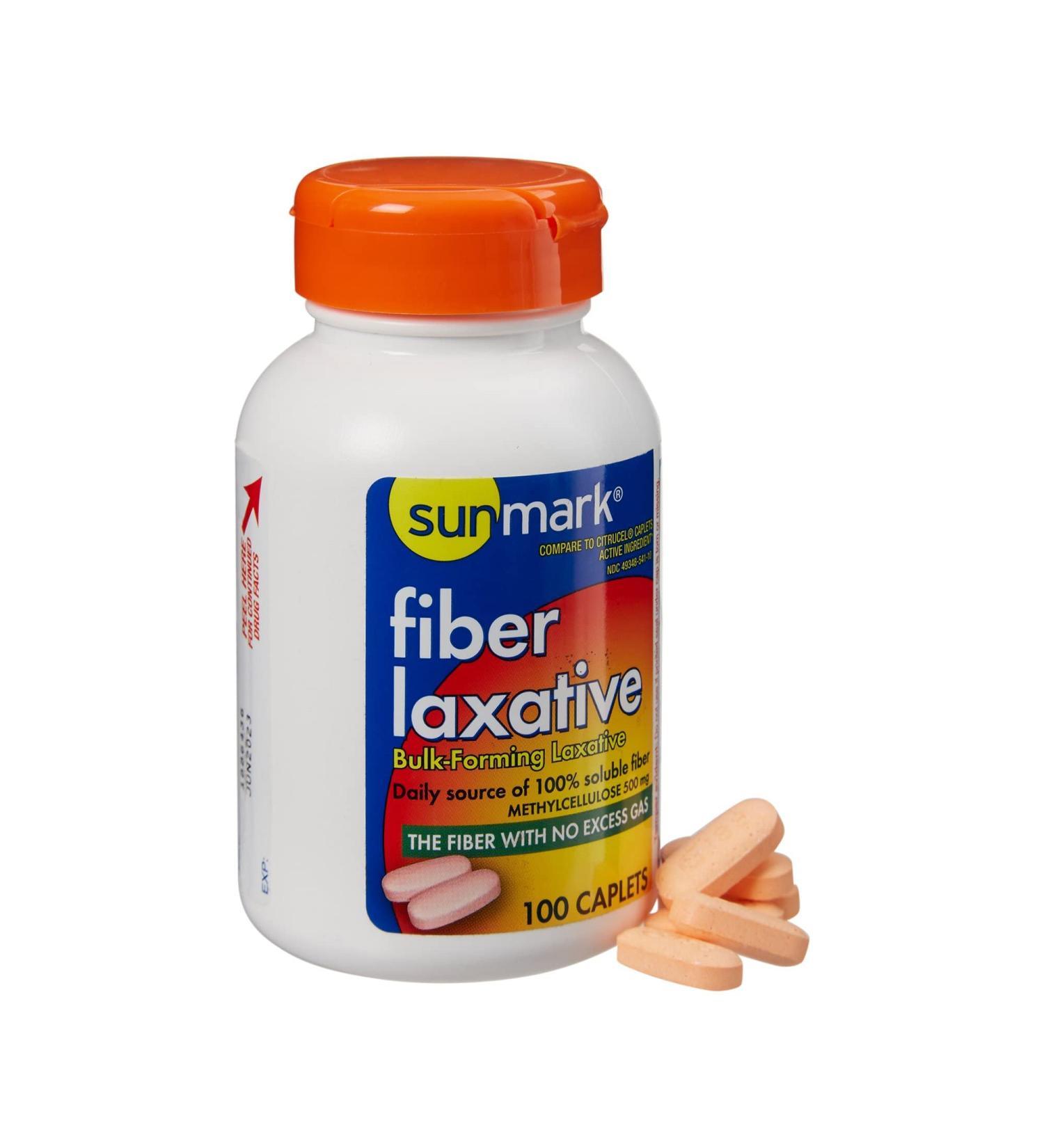 Sunmark Fiber Laxative Caplets - 500mg Bulk-Forming Constipation Relief - 100 Count Bottle - Buy Online on SooperMarket.com